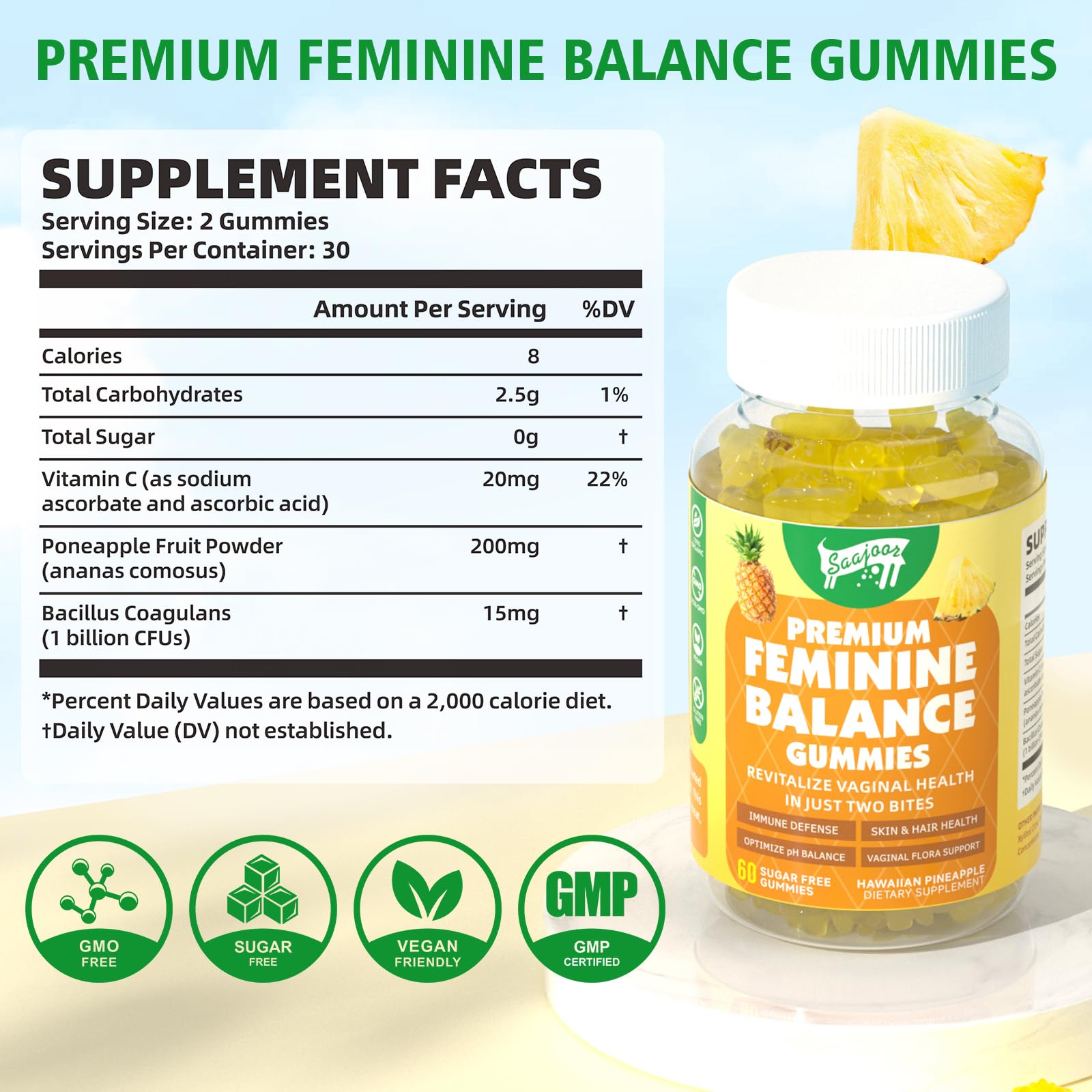 Premium Feminine Balance Gummies for Women's Immune Health – Pineapple Flavor, 120 Count | Vegan & Gluten-Free