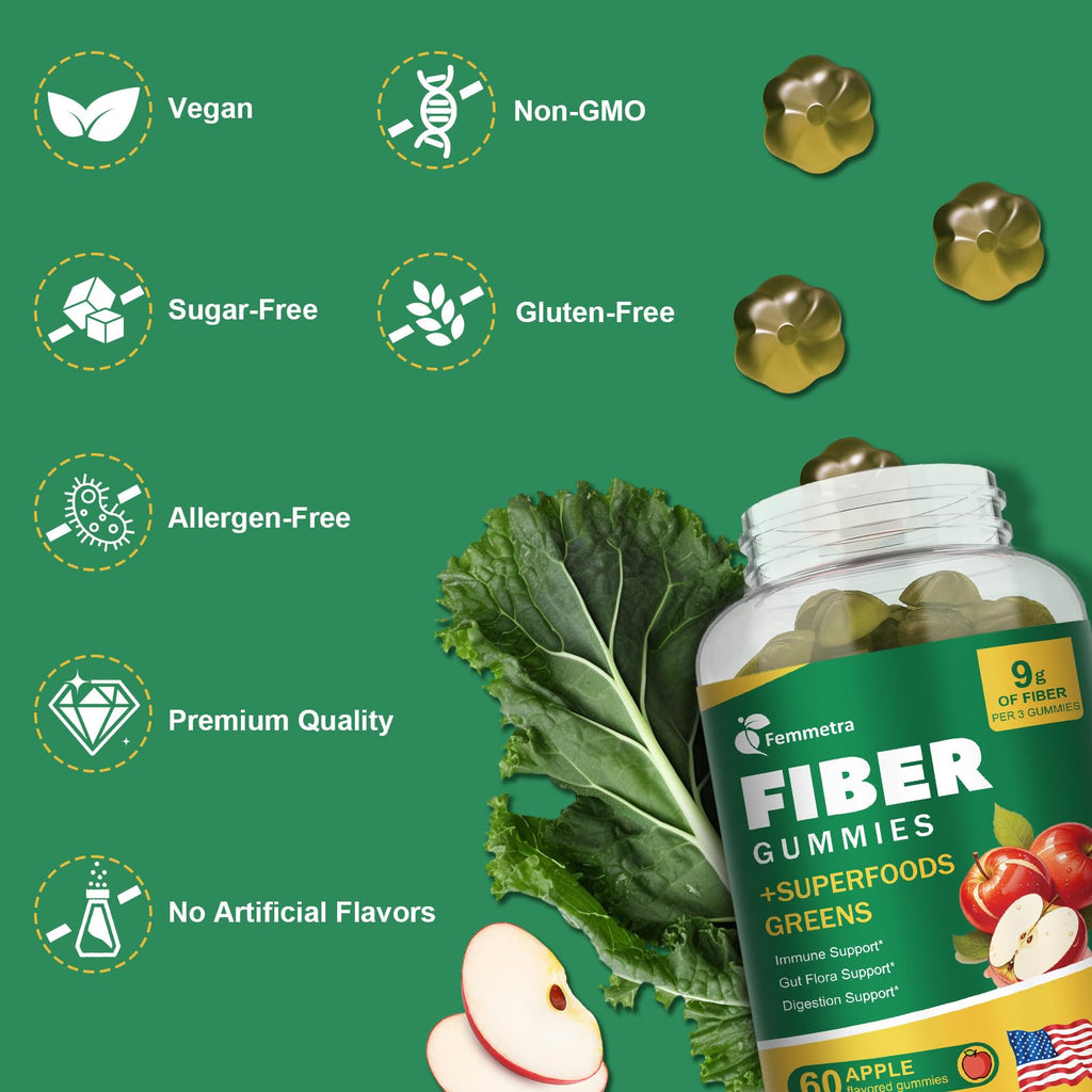 13-in-1 Prebiotic Fiber Gummies for Adults – Greens Blend, Inulin & ACV, Sugar Free Apple Flavor | 60 Vegan Gummies