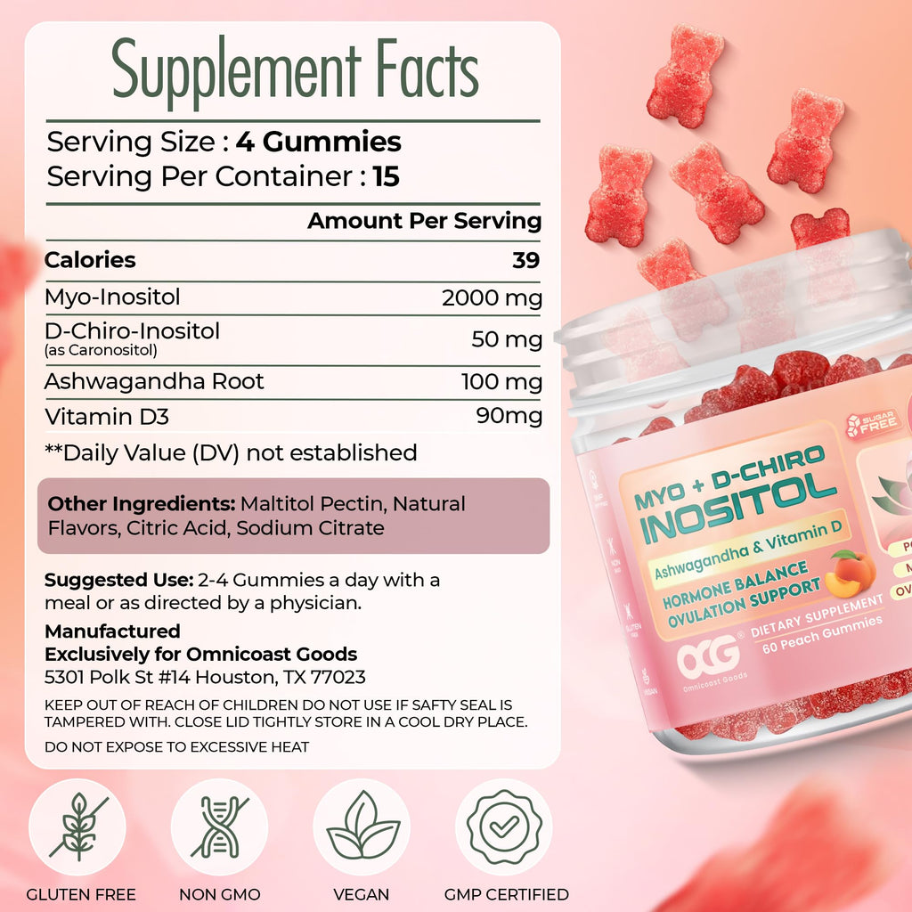 Myo-Inositol & D-Chiro Inositol Gummies with Ashwagandha - PCOS Support (40:1) 120 Gummies