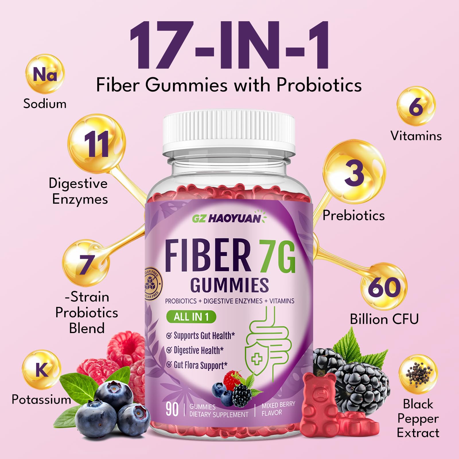 Fiber Gummies for Adults - Sugar Free, 7g All-in-1, 60B CFU Probiotic, 90 Ct
