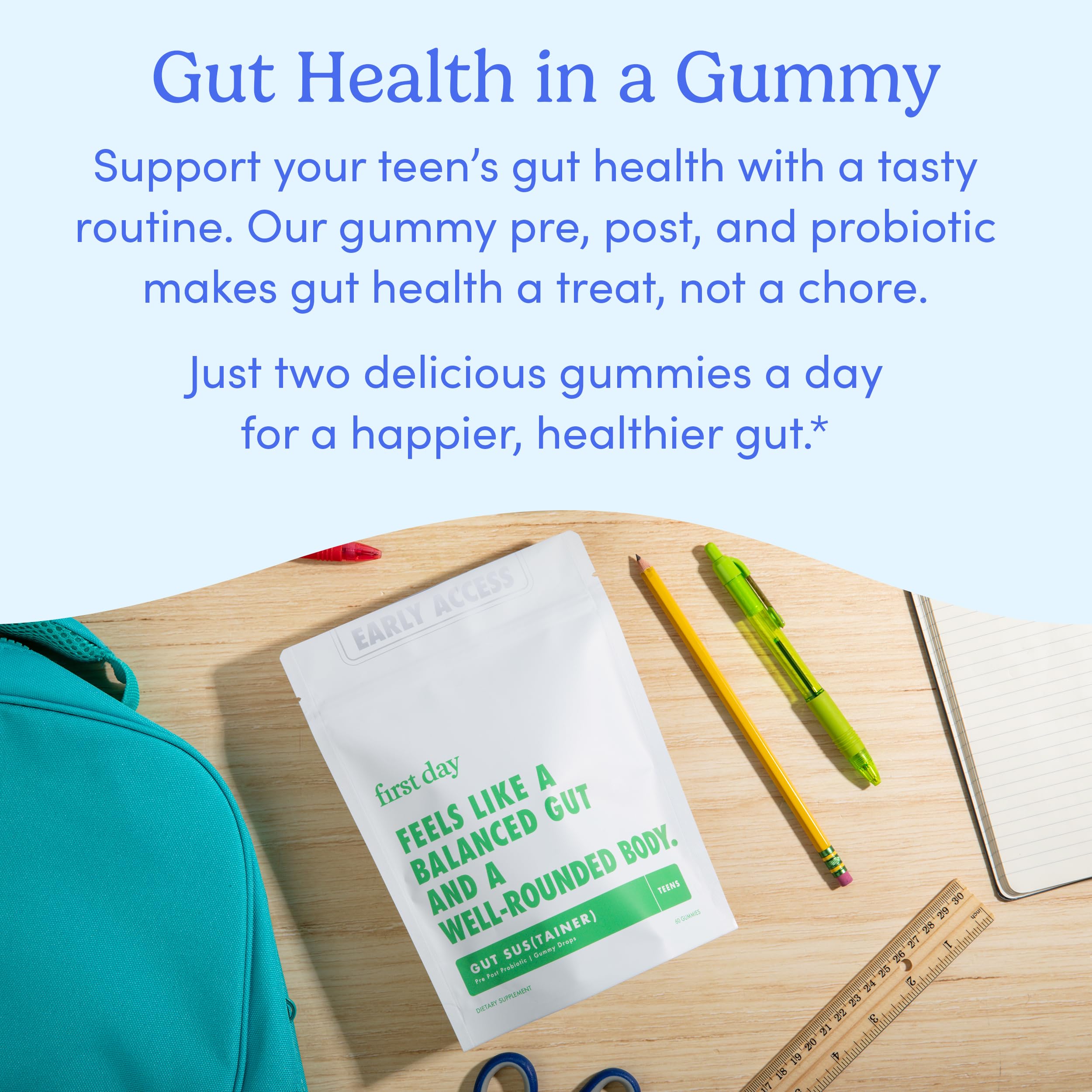 FIRST DAY Teens’ Gut Sustainer Tribiotic Gummies – 3-in-1 Prebiotic, Probiotic & Postbiotic (60-Day Supply)