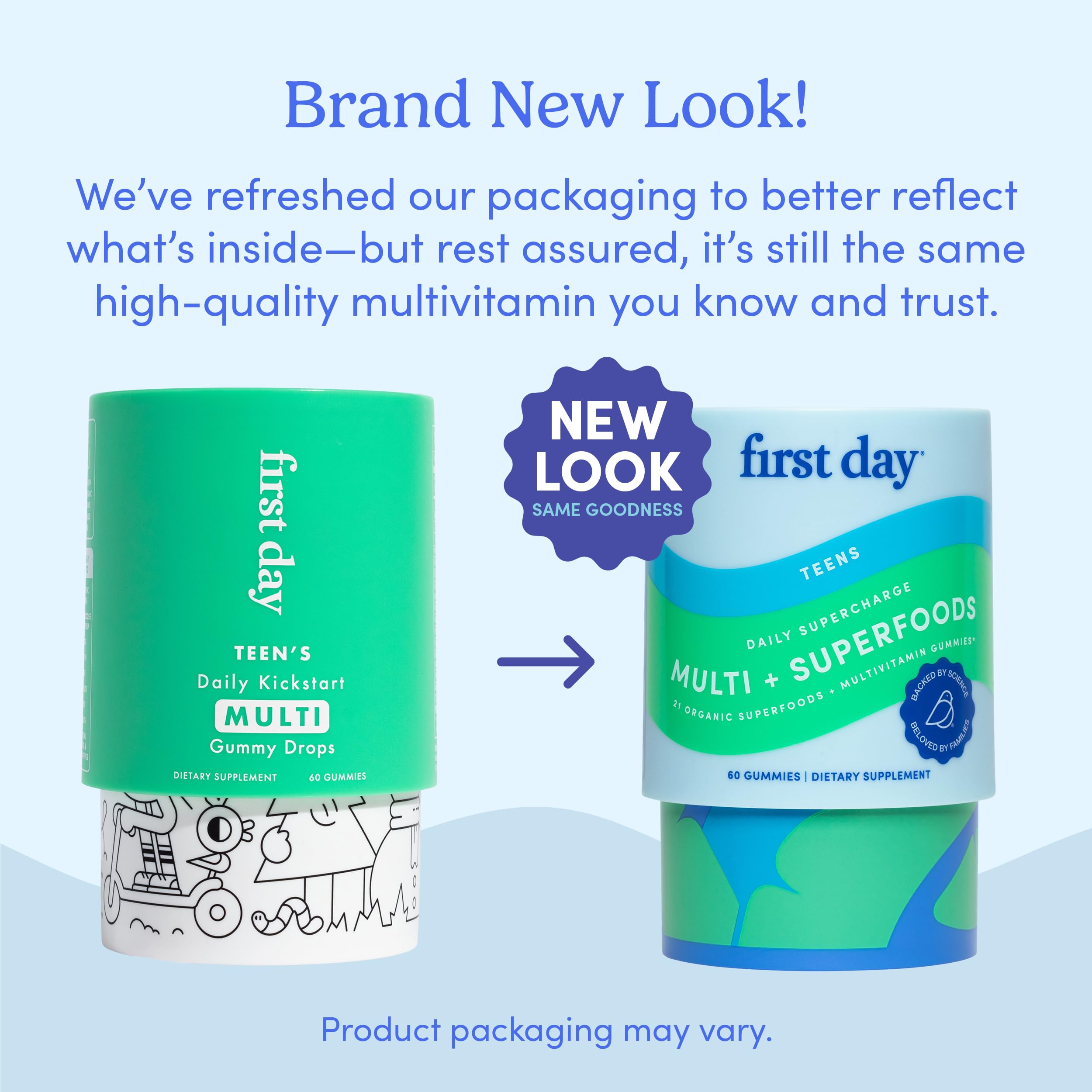First Day Vitamins for Teens | Teen Multivitamin for Girls & Boys 12-17 | Organic Fruit & Veggie Blend | 60 Day Supply