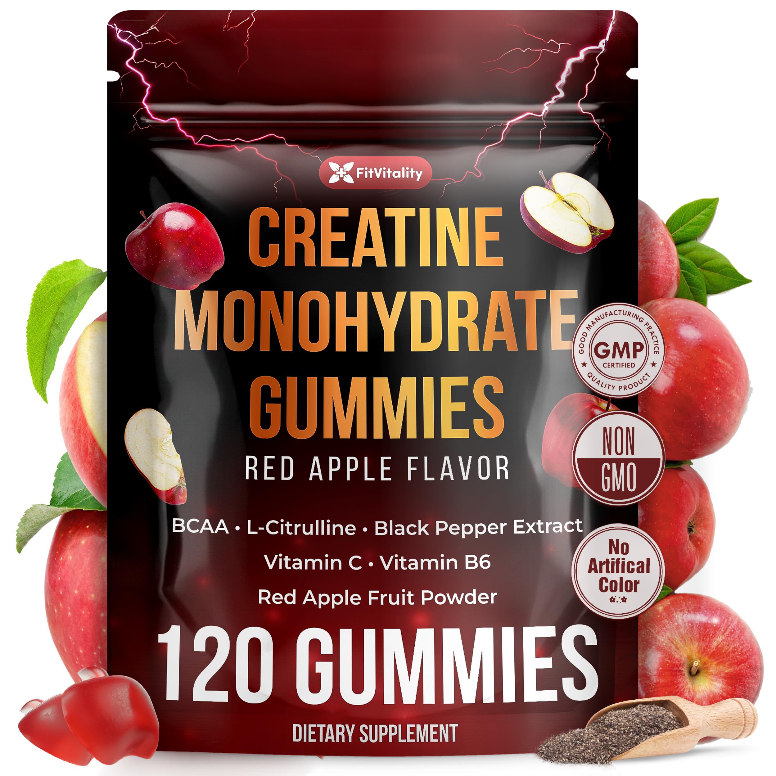 FitVitality Premium 120 Creatine Gummies – Creatine Monhydrate, Vitamin C & B6, Vegan, Non-GMO, Sugar-Free, Red Apple