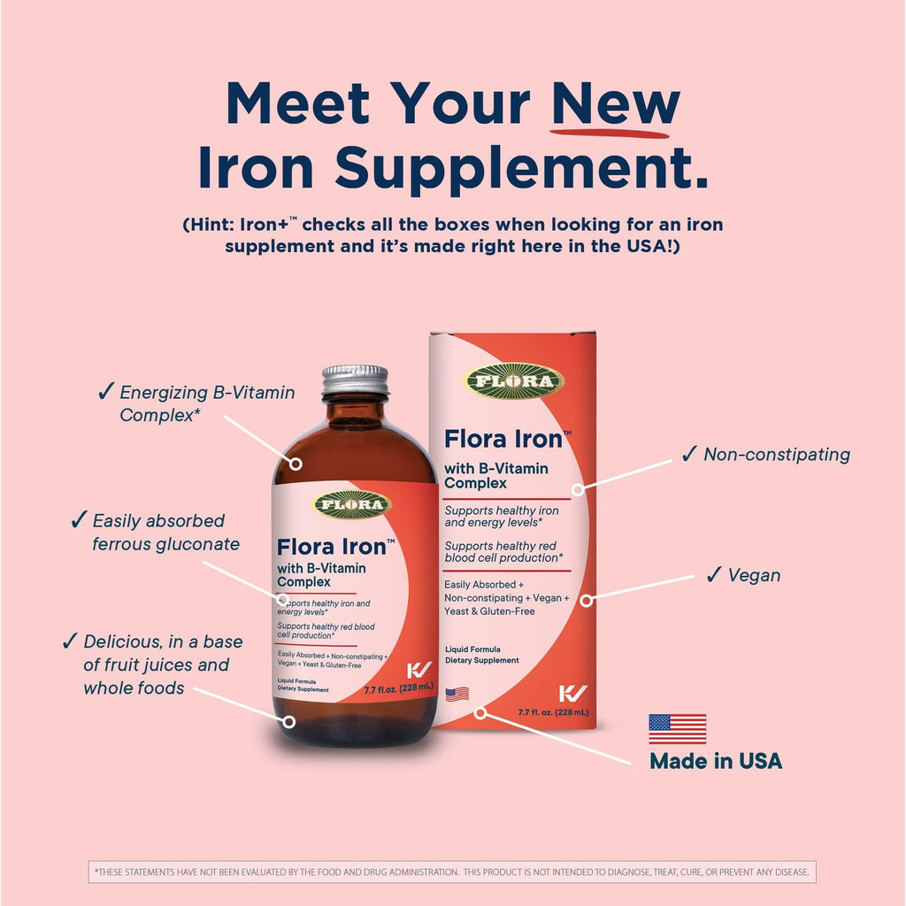 Flora Iron – Vegan Liquid Iron with B Vitamins for Energy & Red Blood Cell Support (7.7 fl oz)