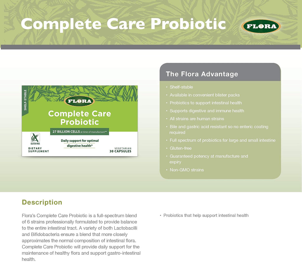 Flora Complete Care Probiotic 34B CFU – 6 Strains, Gluten-Free & Non-GMO | 30 Veg Capsules