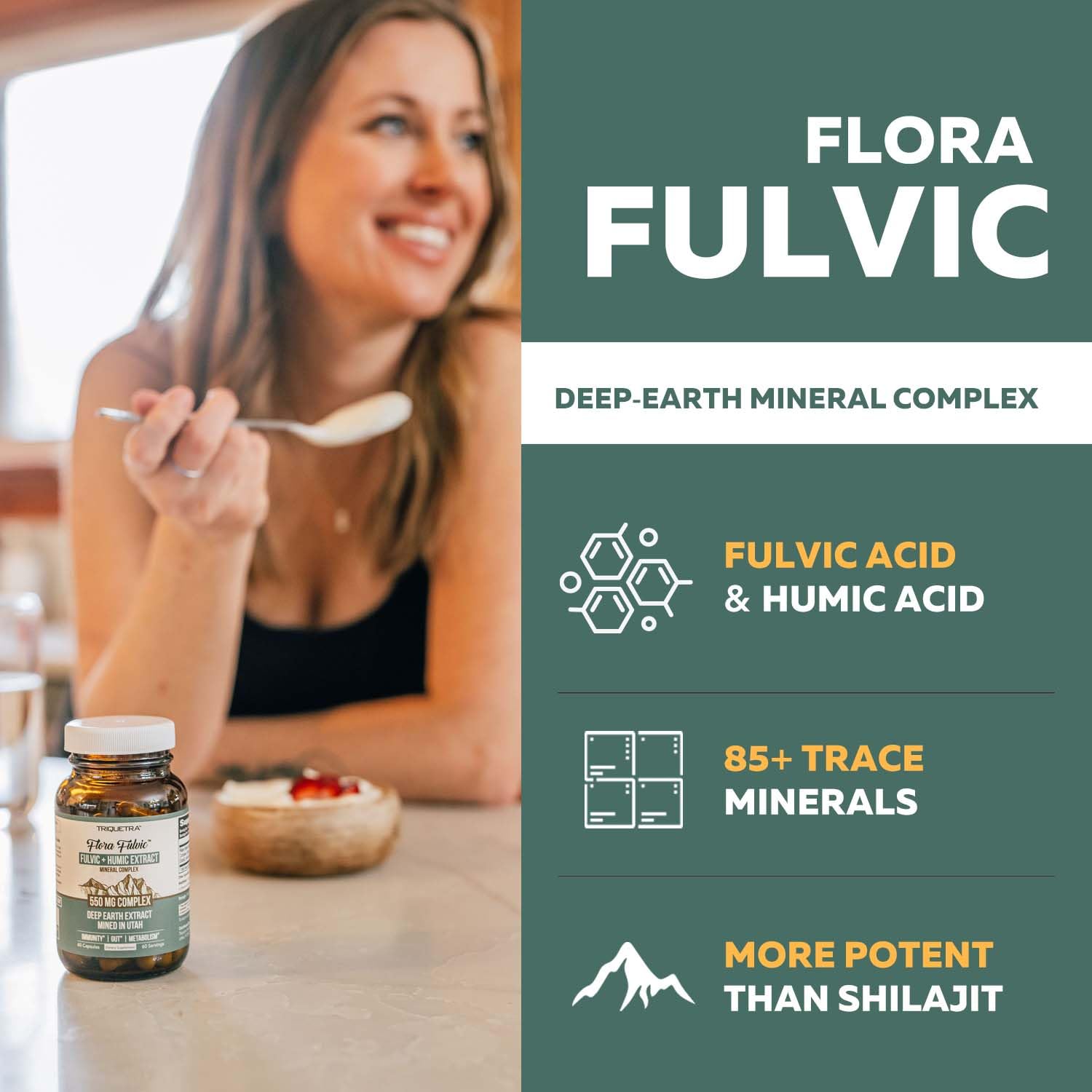 Flora Fulvic – Fulvic Acid + Humic Acid Complex 550 mg | Utah Deep-Earth Mine | 60 Capsules | Immunity, Gut & Digestion
