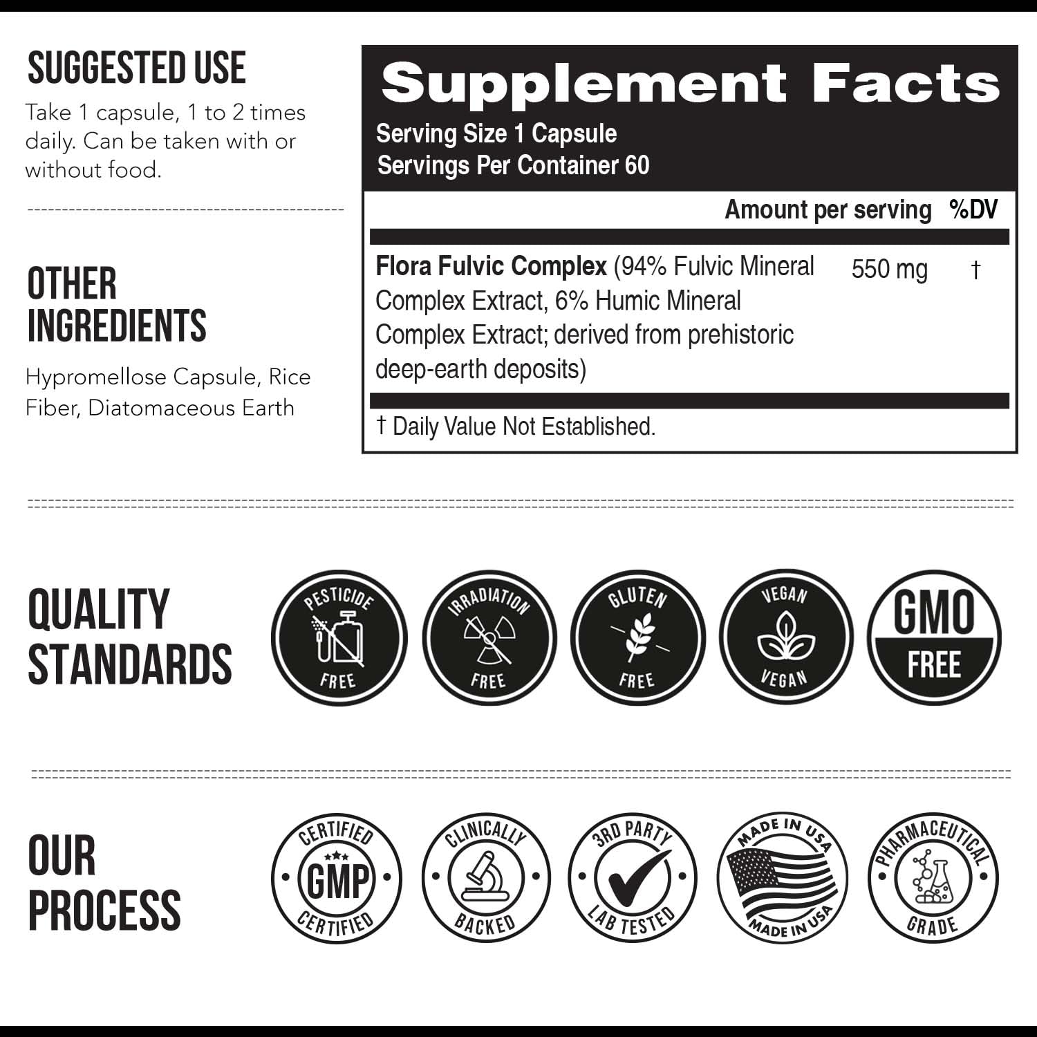 Flora Fulvic – Fulvic Acid + Humic Acid Complex 550 mg | Utah Deep-Earth Mine | 60 Capsules | Immunity, Gut & Digestion