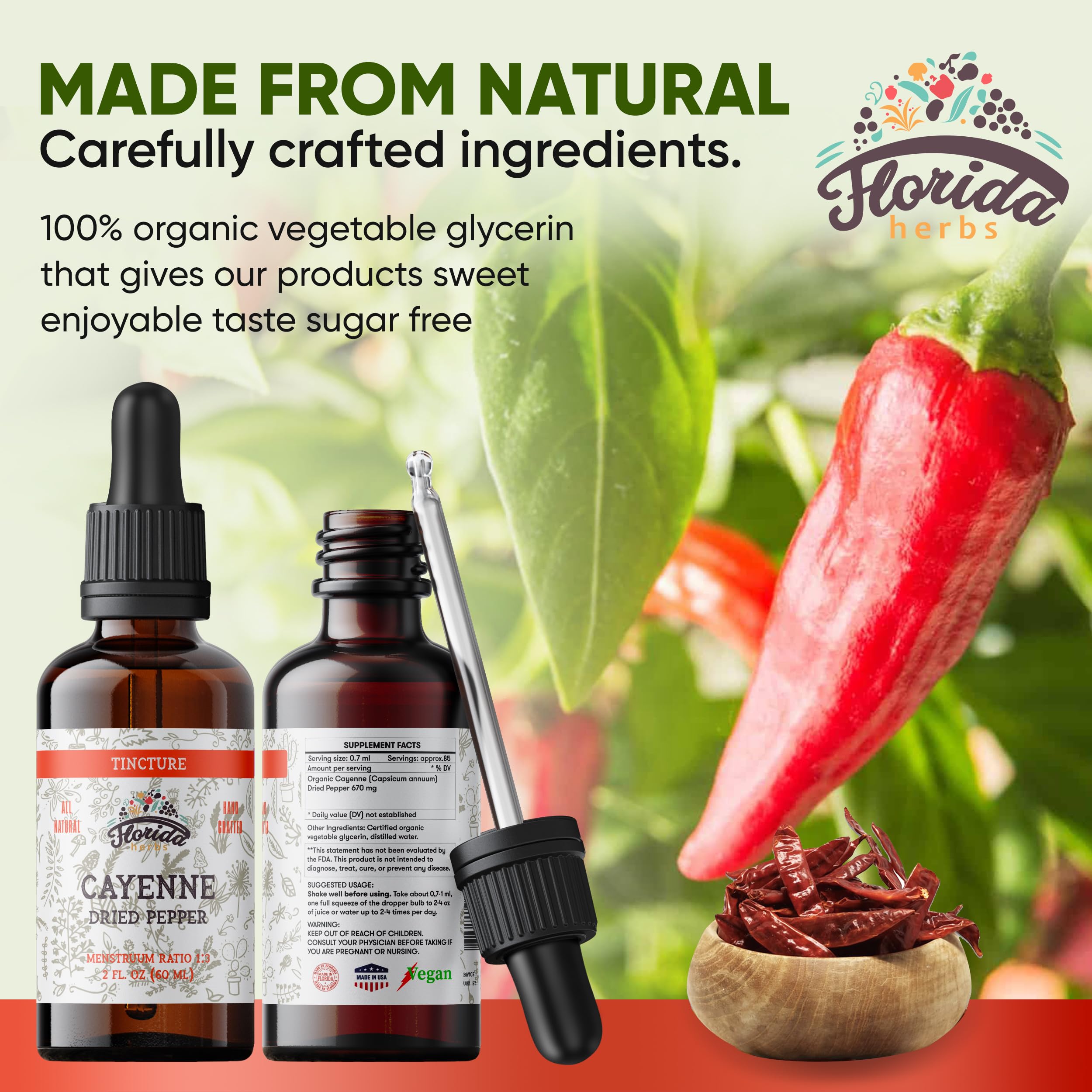 FLORIDA HERBS Cayenne Tincture Extract - Organic Cayenne Pepper (Capsicum annuum) - Vegetable Glycerin - Non-GMO - 2 oz (Pack of 2)