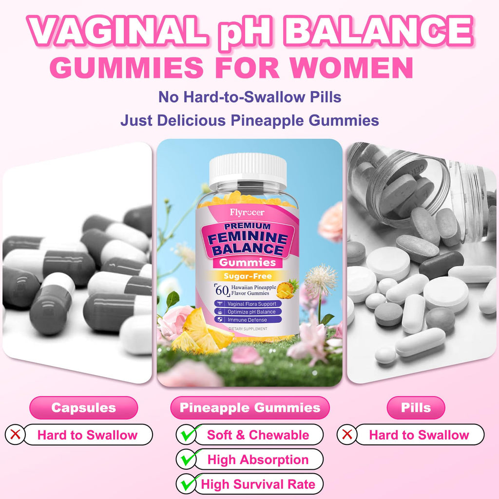 Flyrocer Feminine Balance Gummies – PH Balance & Vaginal Flora Support (60 Count) – Vegan