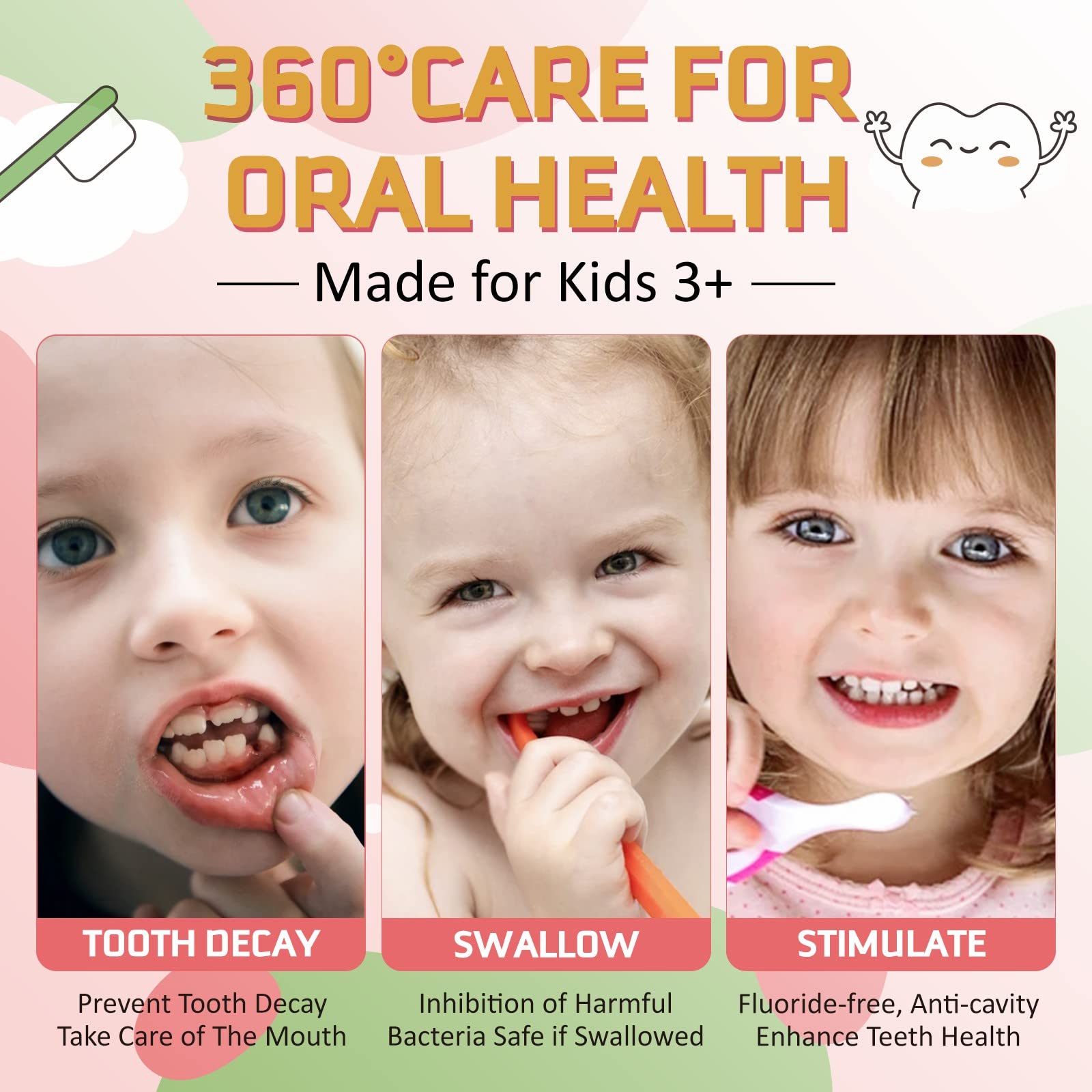 Kids Foam Toothpaste 2-Pack – Strawberry & Orange, Gentle 360° Care, Fluoride Free