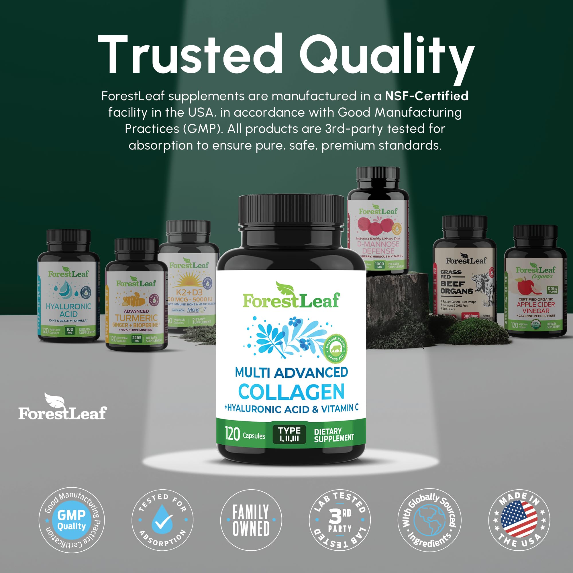 ForestLeaf Multi Collagen Pills with Hyaluronic Acid + Vitamin C | Hydrolyzed Collagen for Skin, Joints, and Hair | 240 Capsules