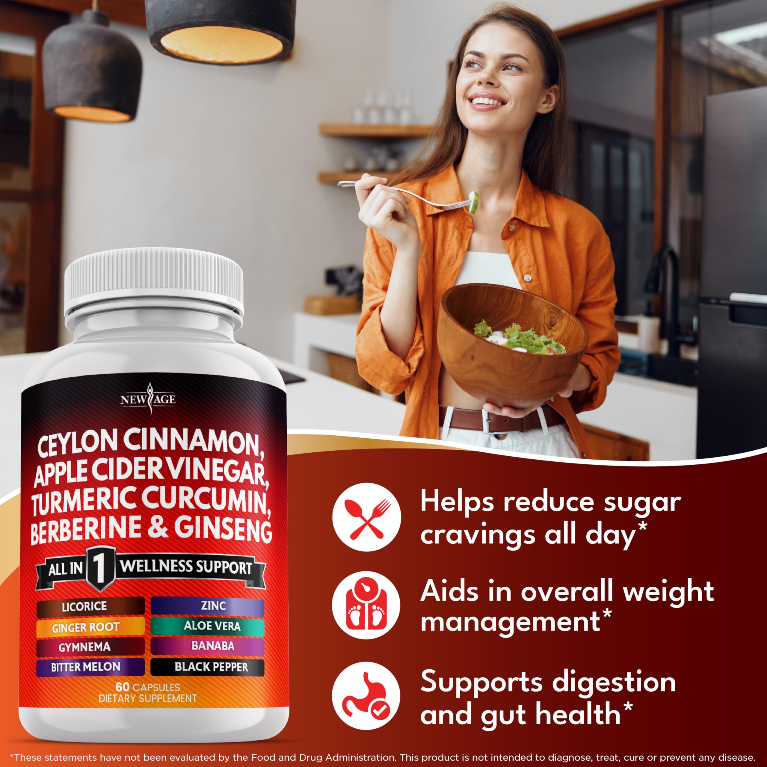 Ceylon Cinnamon Turmeric Apple Cider Vinegar Ginseng Aloe Vera Berberine Banaba Ginger Root - 120 Count