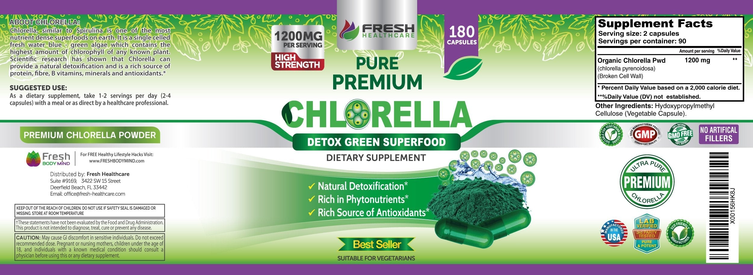 FRESH HEALTHCARE Premium Chlorella Supplement – 1200mg Vegan Capsules
