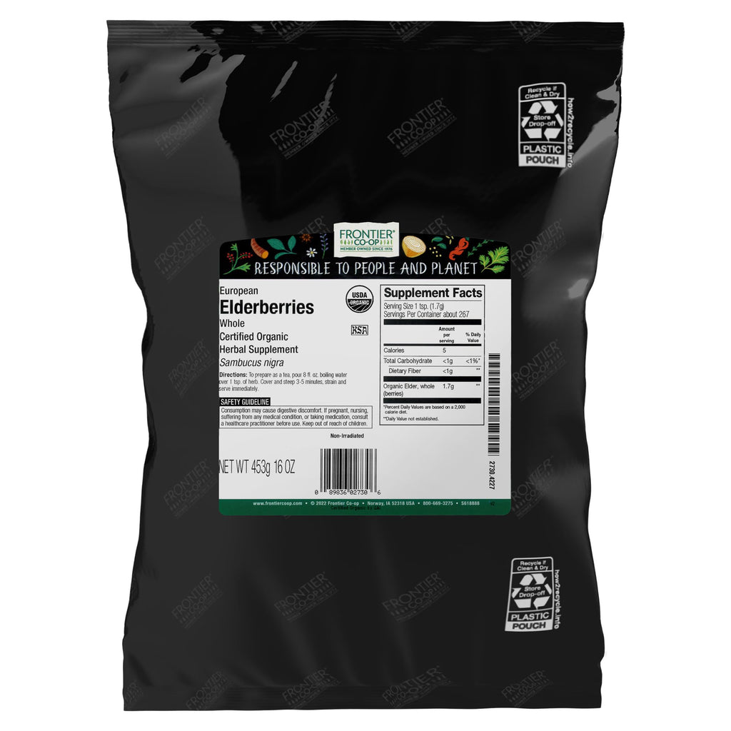 Frontier Co-op Organic Dried Elderberries, European Whole — Non-GMO, Kosher, 16 oz (Pack of 2)