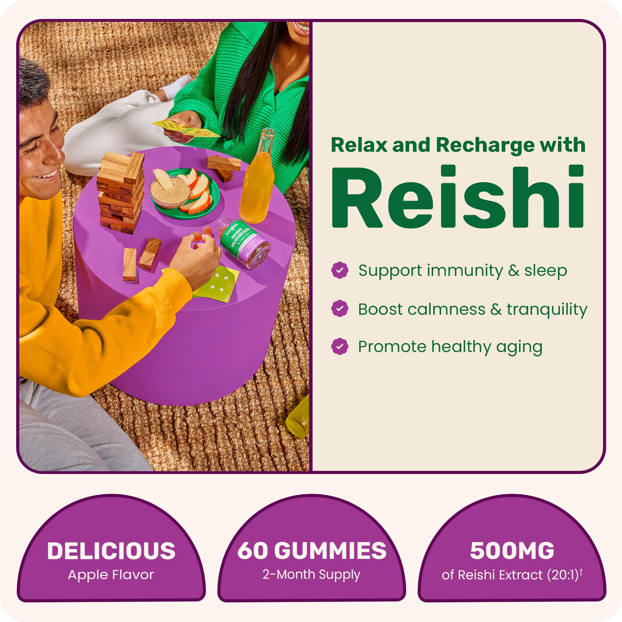 Fungies Reishi Mushroom Gummies Apple – 60 Servings | Immune Support & Relaxation