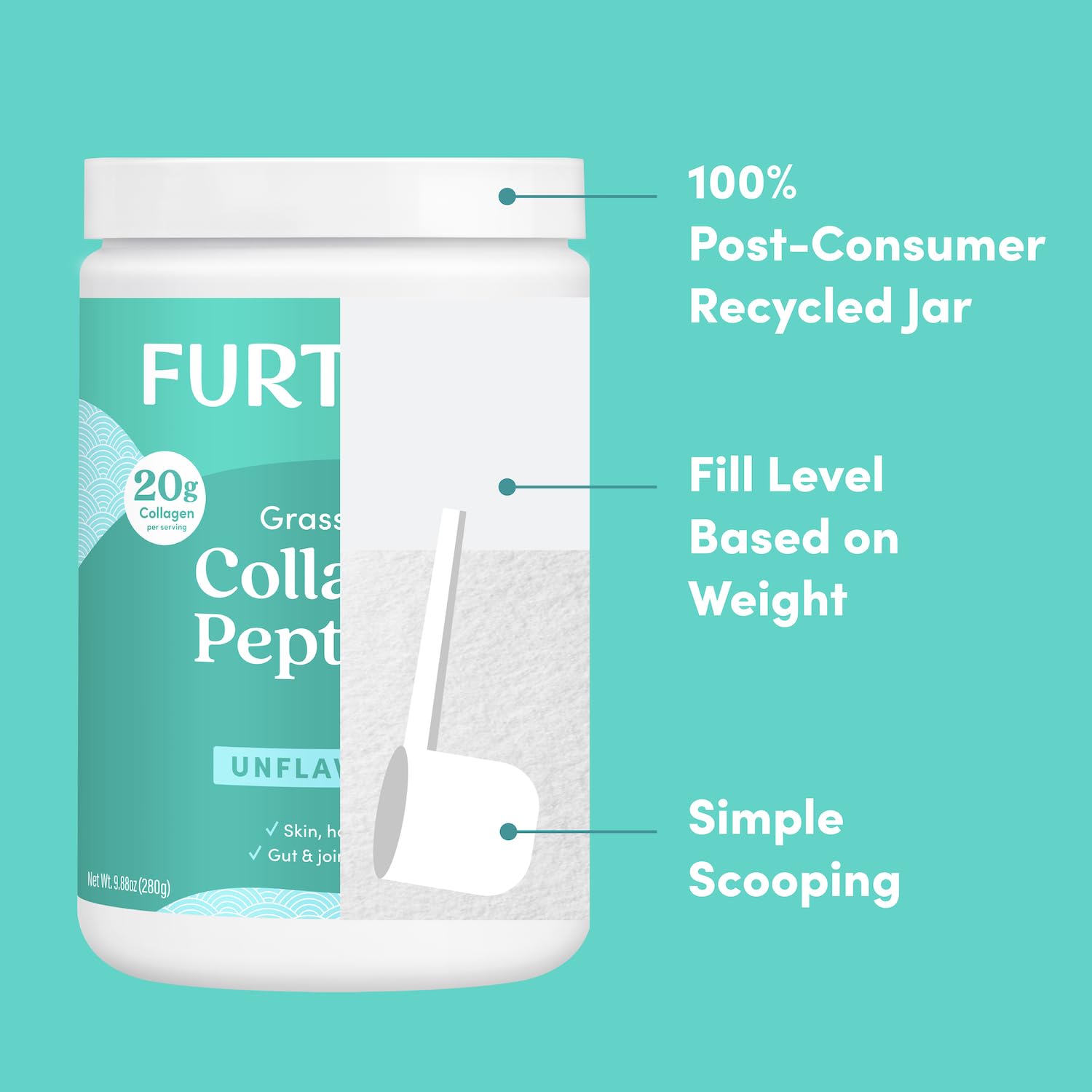 Further Food Unflavored Collagen Peptides Powder – Grass-Fed, Pasture-Raised, Hydrolyzed Type I & III, Gut Health + Joints, Hair Skin Nails, Paleo & Keto, 9.88 oz