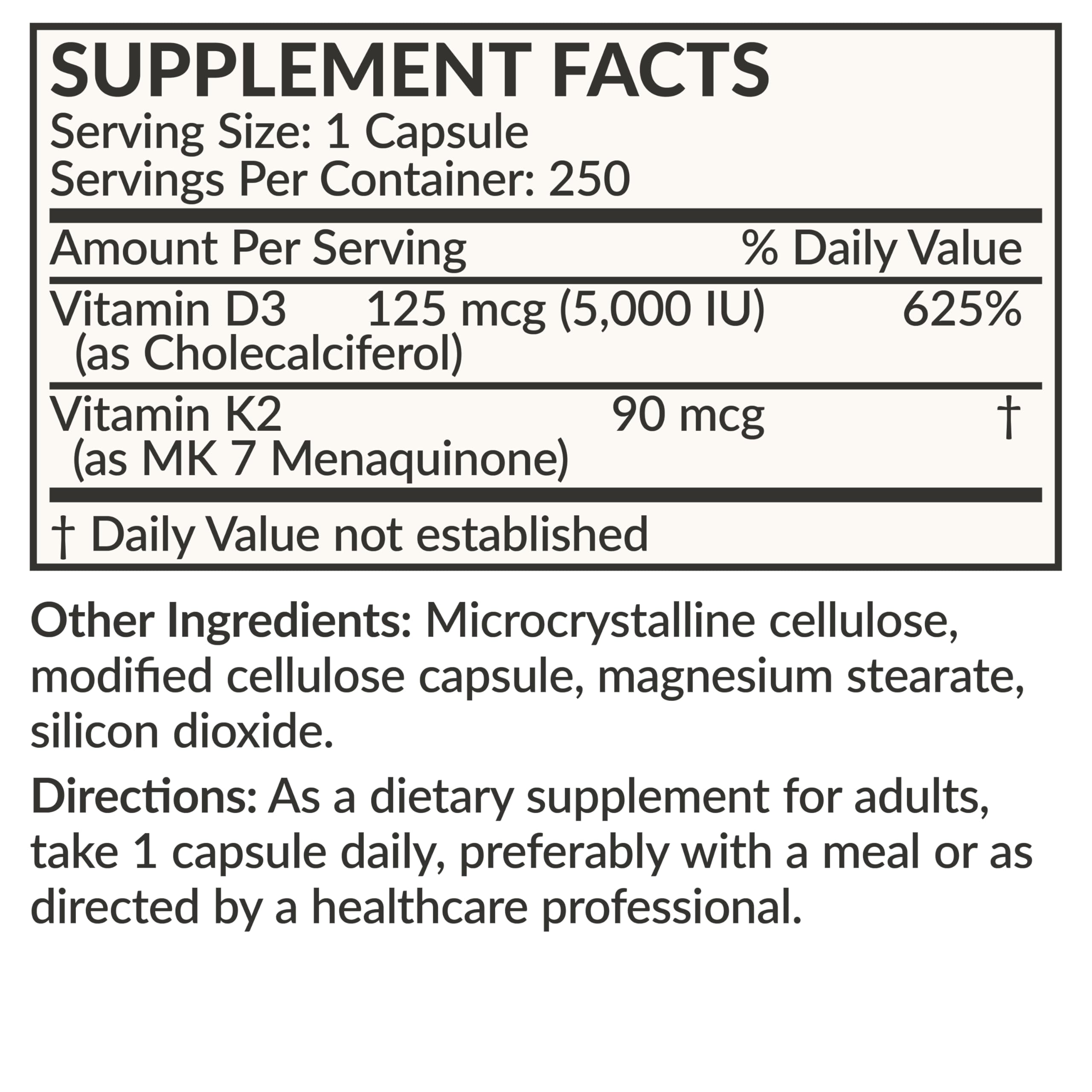 Futurebiotics Vitamin K2 MK-7 with D3 (5000 IU) - Non-GMO, 250 Veg Capsules
