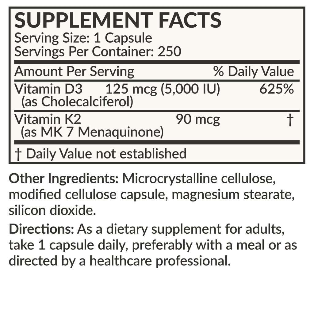 Futurebiotics Vitamin K2 (MK7) with D3 – Non-GMO, 5000 IU D3 & 90 mcg MK-7, 2-Pack (250 Veg Capsules per Bottle)