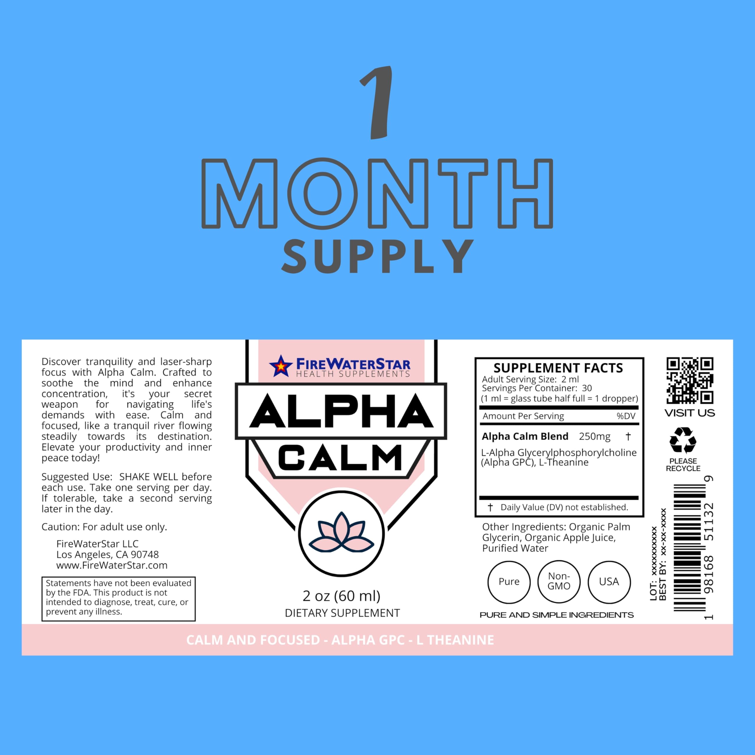 FWS Alpha Calm Liquid Drops – L-Theanine + Alpha GPC for Calm Focus (Organic, Non-GMO) | 30 Servings