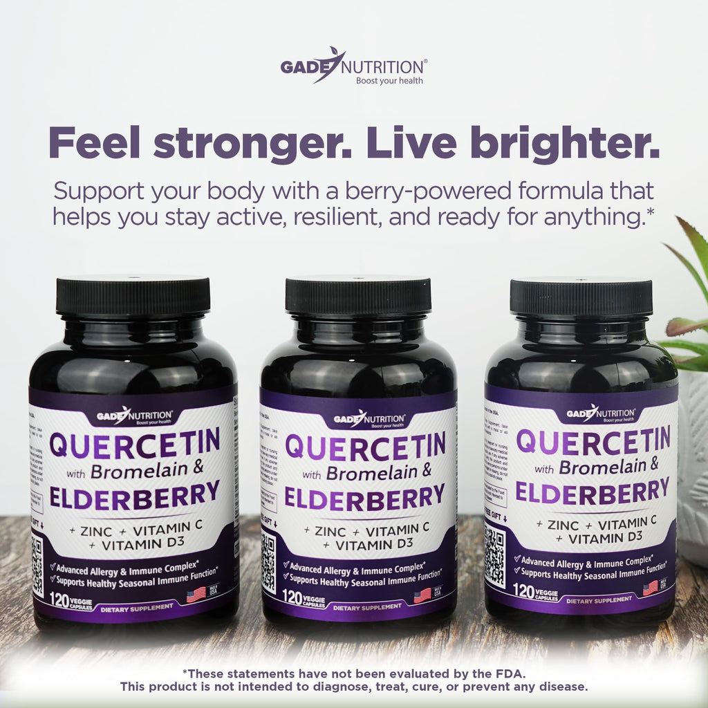 Gade Nutrition Quercetin with Bromelain, Vitamin C & Zinc, Vitamin D3, and Elderberry | Daily Immune Support Supplement - 4 Months Supply