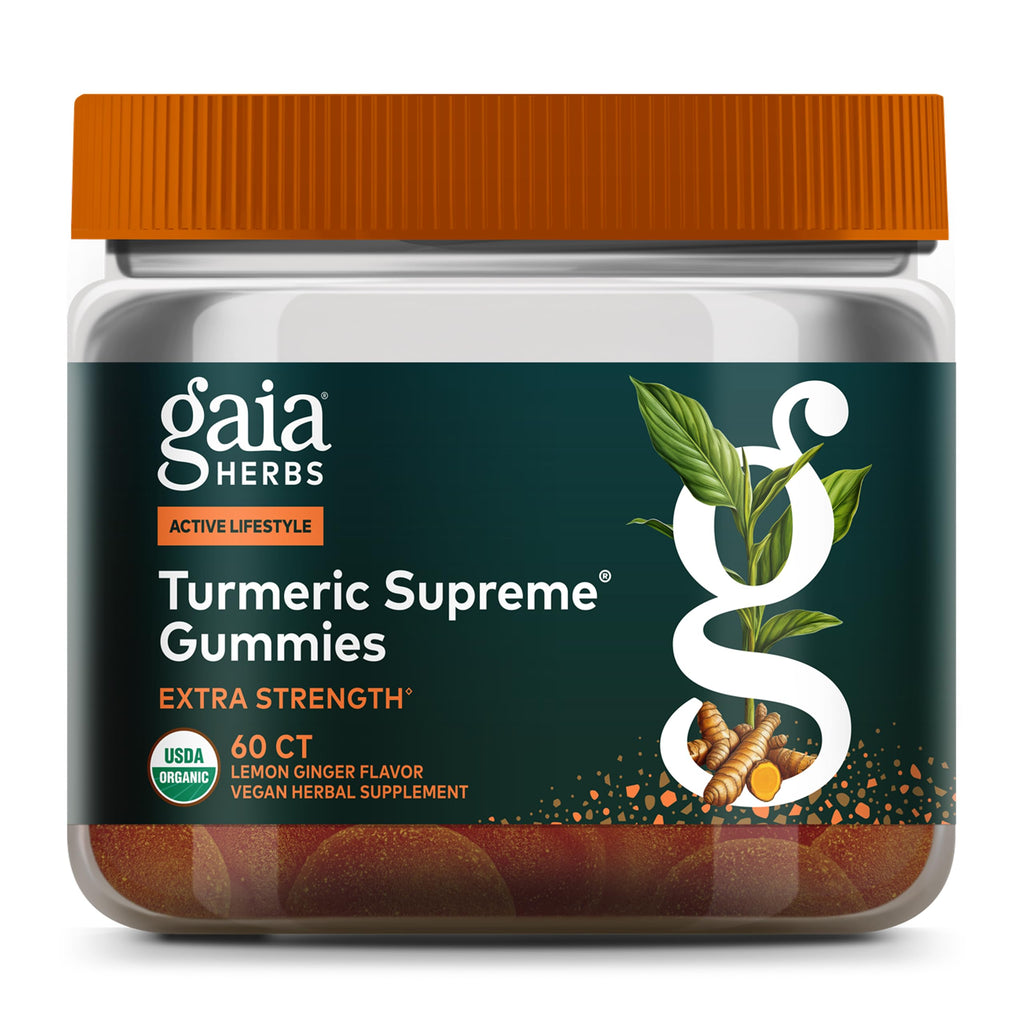 Gaia Herbs Turmeric Supreme Extra Strength Gummies – 60 Vegan Organic Gummies, Lemon-Ginger Flavor (20-Day Supply)