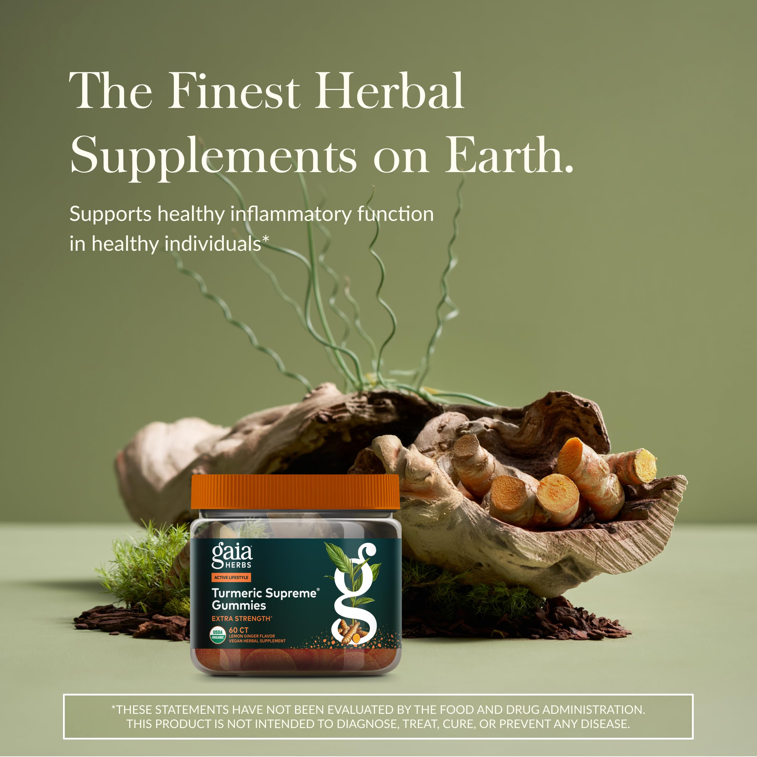 Gaia Herbs Turmeric Supreme Extra Strength Gummies – 60 Vegan Organic Gummies, Lemon-Ginger Flavor (20-Day Supply)