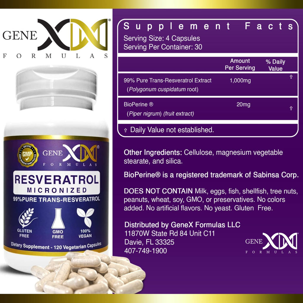 Genex Formulas 99% Micronized Trans-Resveratrol 1000mg + BioPerine, 120 Capsules