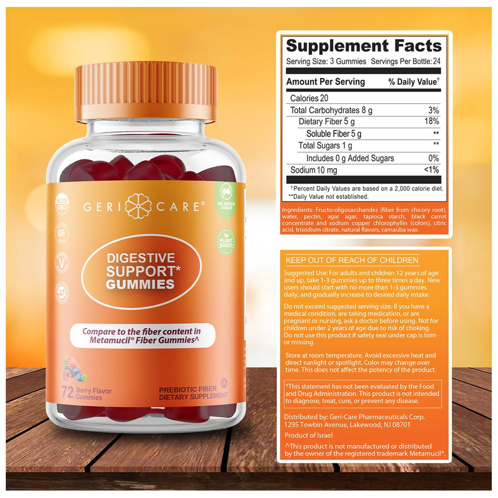 GeriCare Prebiotic Digestive Support Gummies – Berry Flavor, 72 Count | Plant-Based Fiber for Gut Health, Regularity | Non-GMO, Gluten-Free, Vegan
