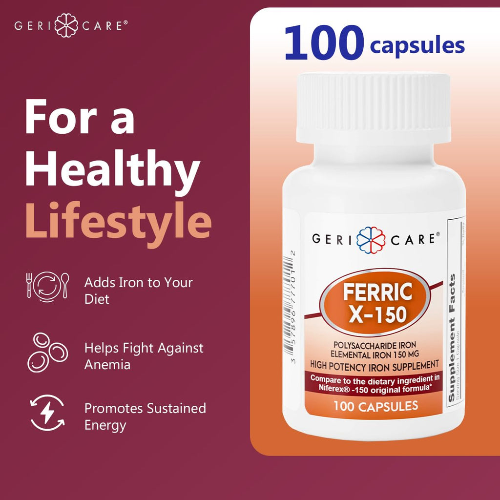 GeriCare Ferric X-150 High Potency Iron — 150 mg Elemental, 100 Count Capsules