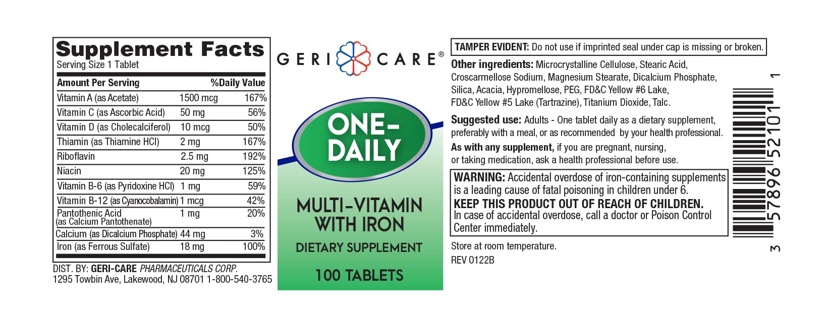 GeriCare One-Daily Multi-Vitamin with Iron Tablets - 100 Count (Pack of 1)