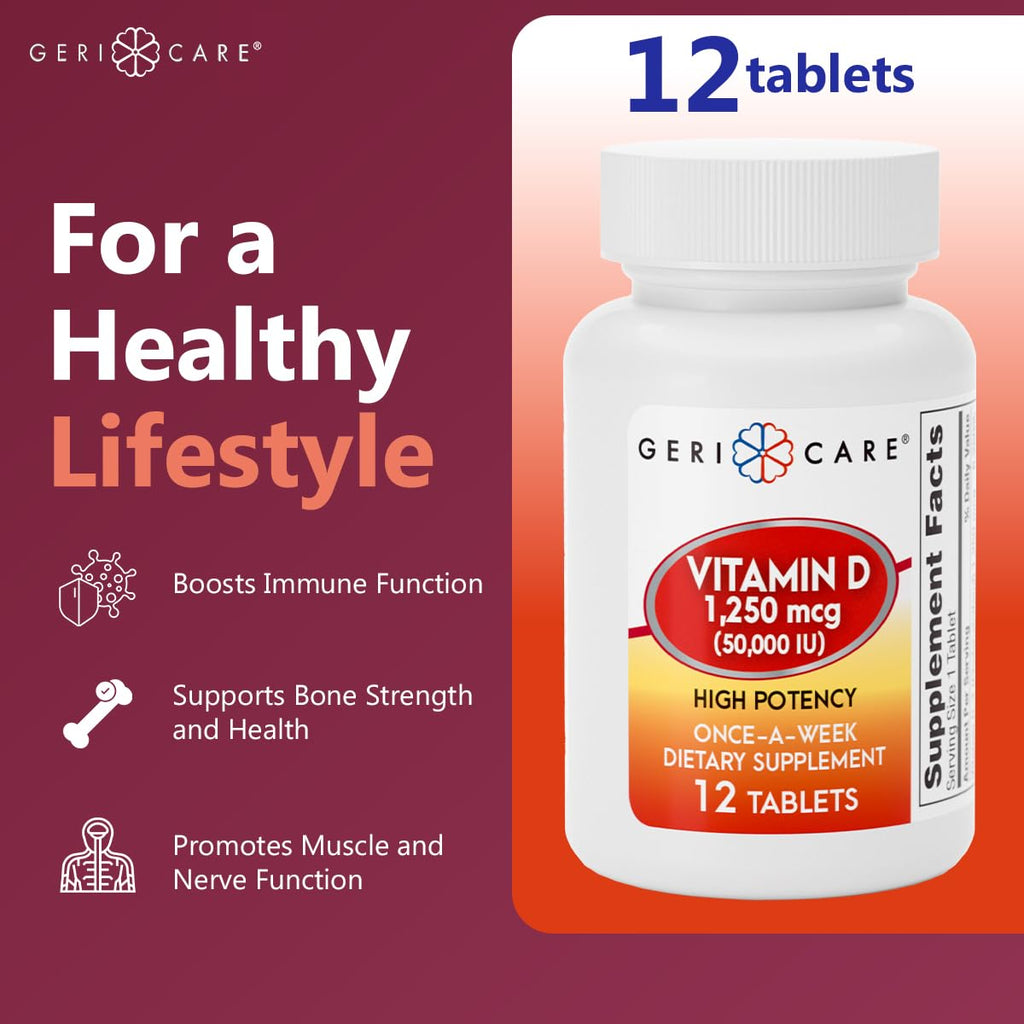 GeriCare Vitamin D 1,250 mcg (50,000 IU) Weekly – Supports Bone Density, Immune Function, and Muscle Health | 12 Count