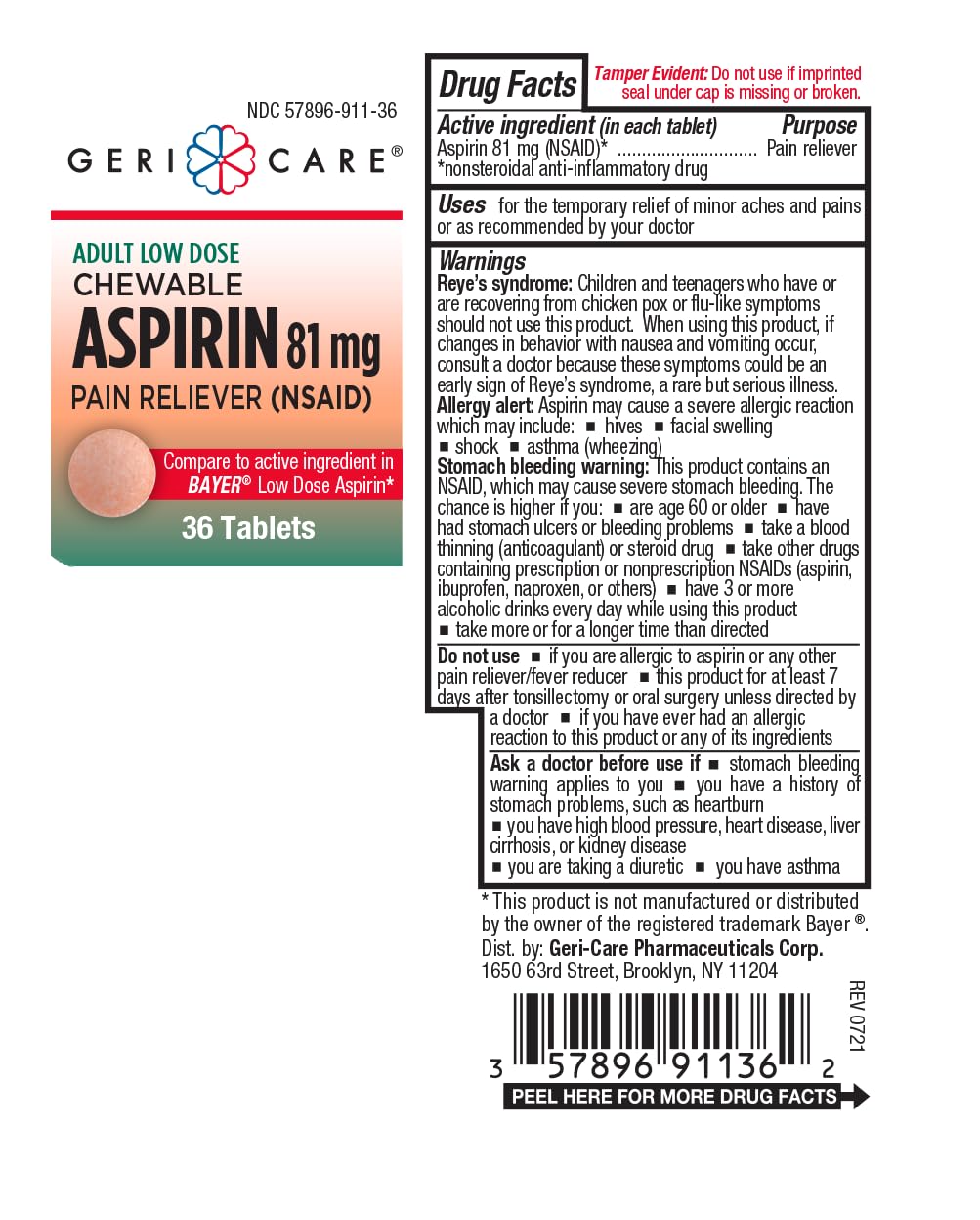 GeriCare Aspirin Adult Chewable 81 mg Tablets 36 ct