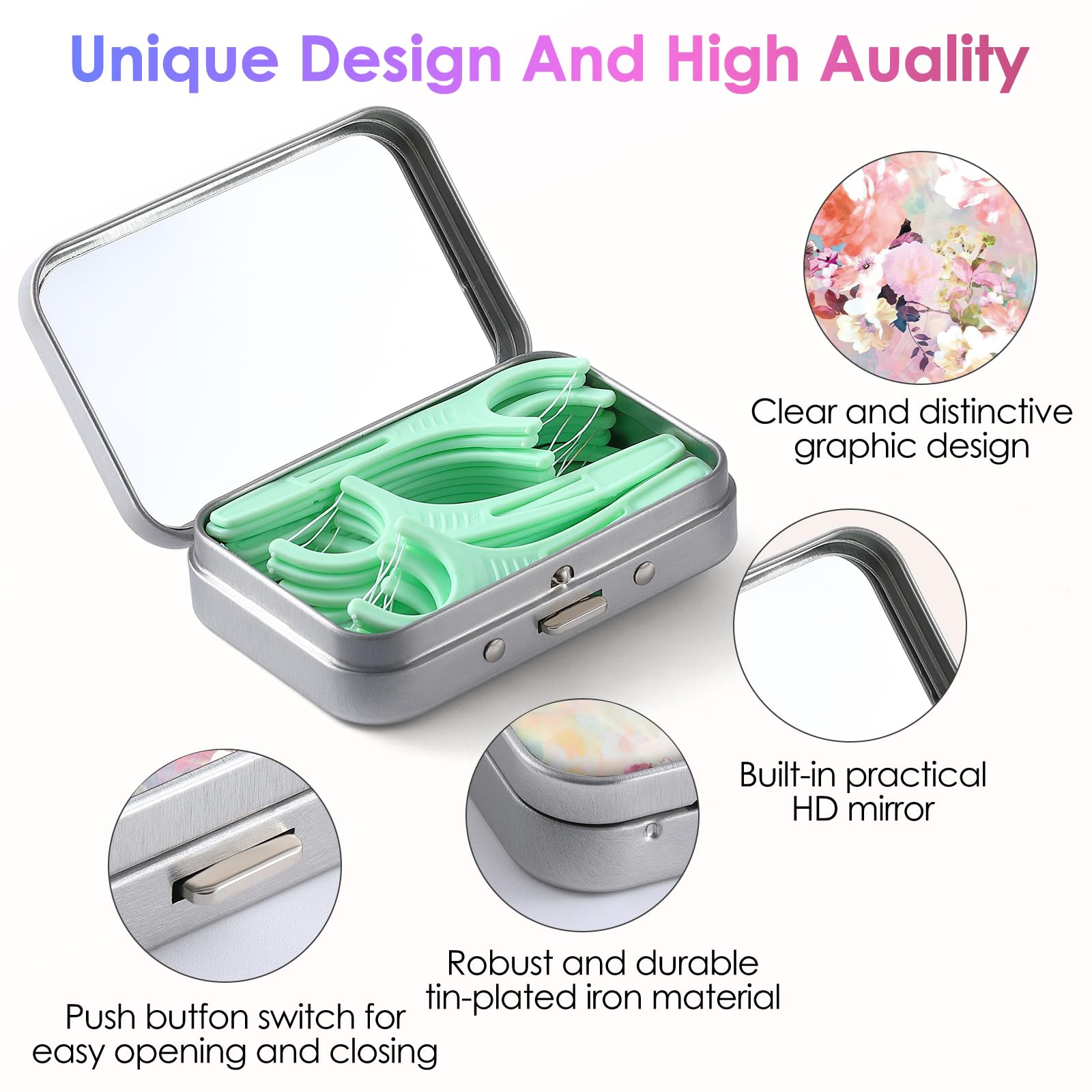 Gerkia Dental Floss Portable Case – Travel Dispenser with Mirror (Pink Flower)
