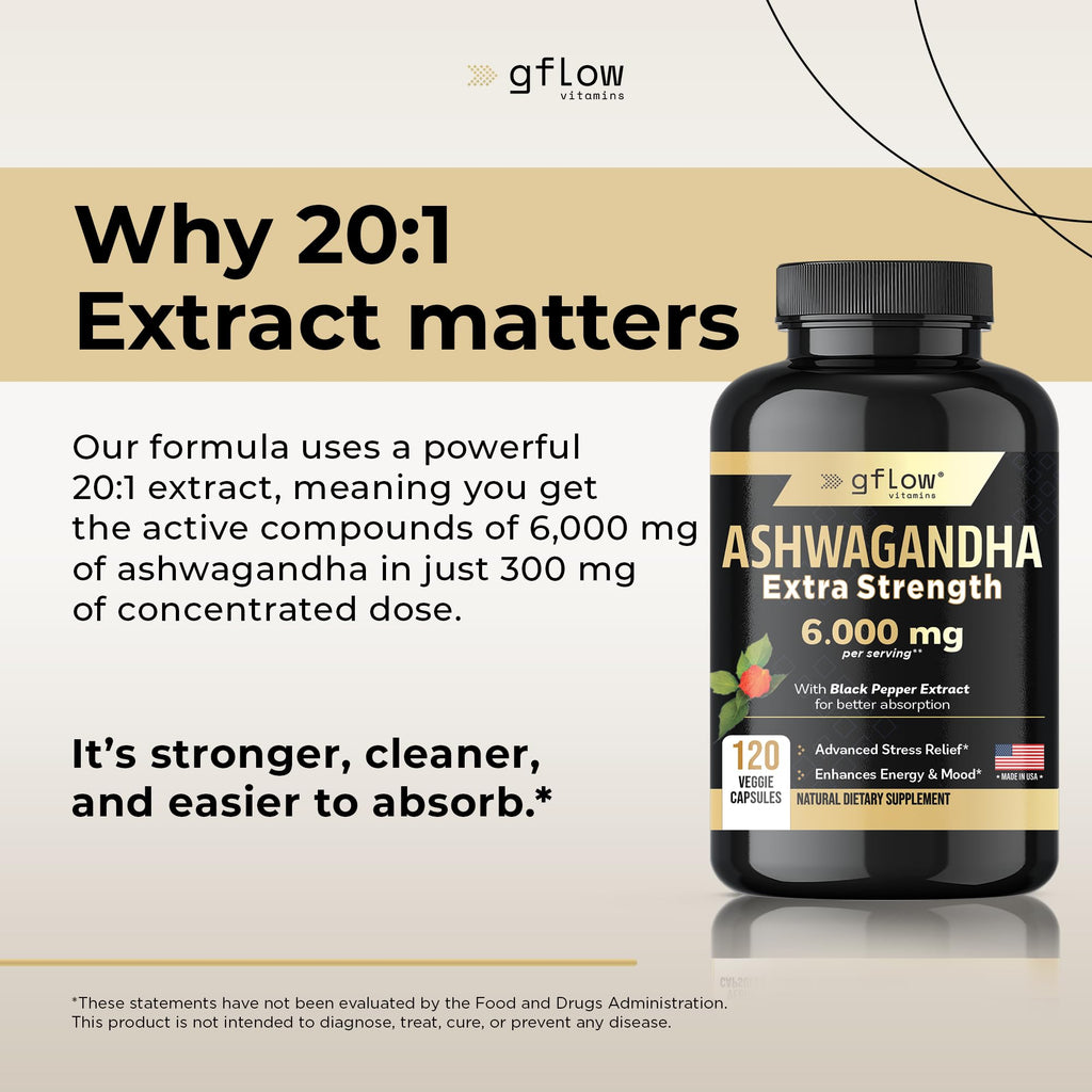 gflow vitamins Ashwagandha 6000mg – Extra Strength, vegan, non-GMO – Made in USA | Sleep, Mood & Energy | Pack of 3