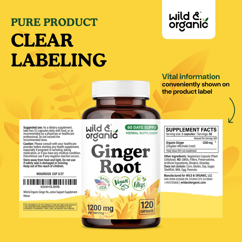 Wild & Organic Ginger Root Capsules 1200 mg – Immune & Digestive Support | 60-Day Supply | Vegan, Non-GMO