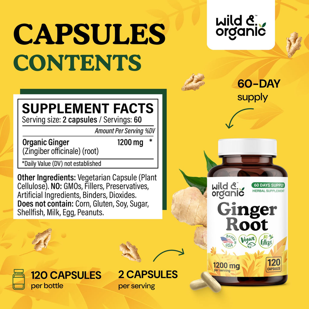 Wild & Organic Ginger Root Capsules 1200 mg – Immune & Digestive Support | 60-Day Supply | Vegan, Non-GMO