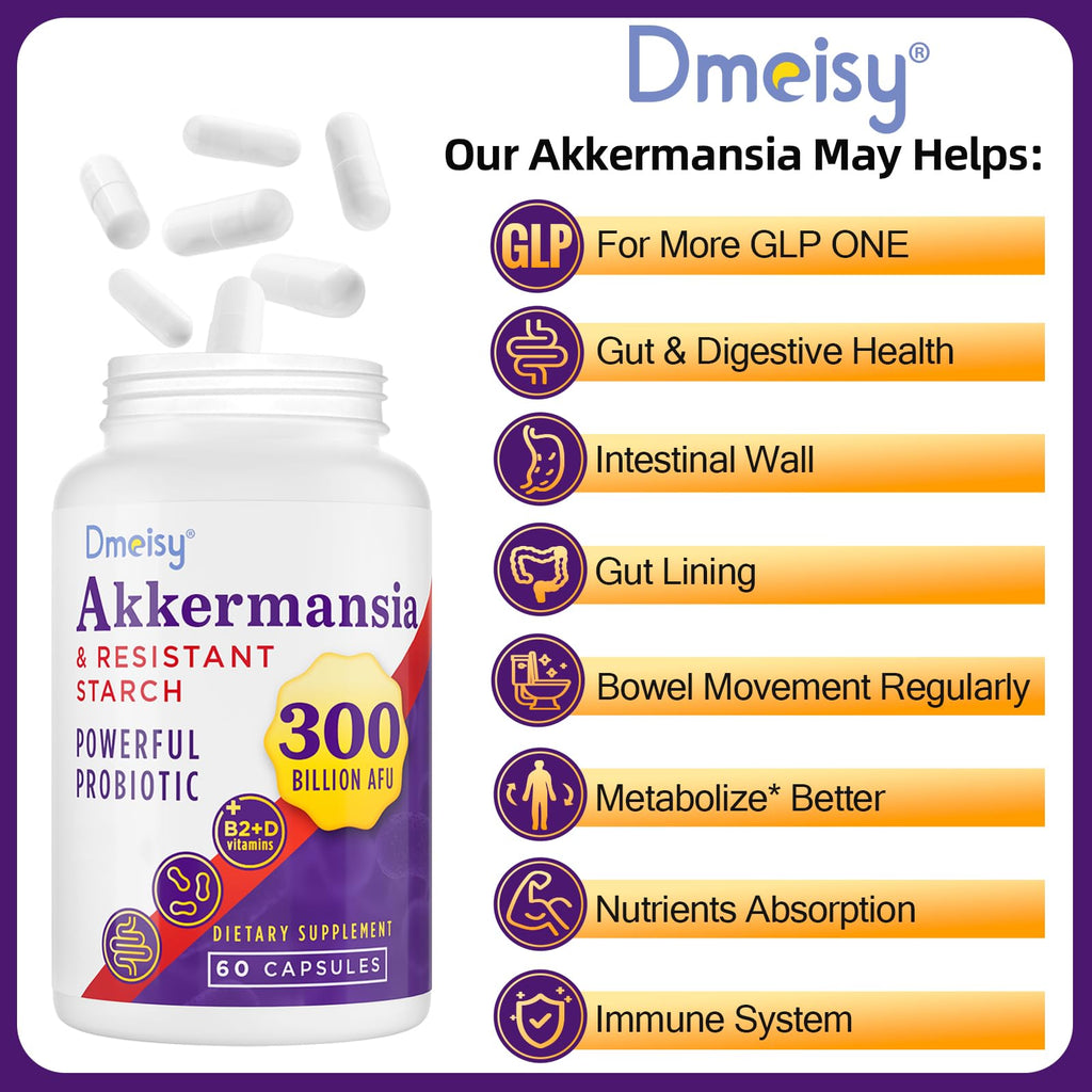 Dmeisy Akkermansia Probiotic - 300 Billion AFU, 60 Count | Gut Health & Immune Support