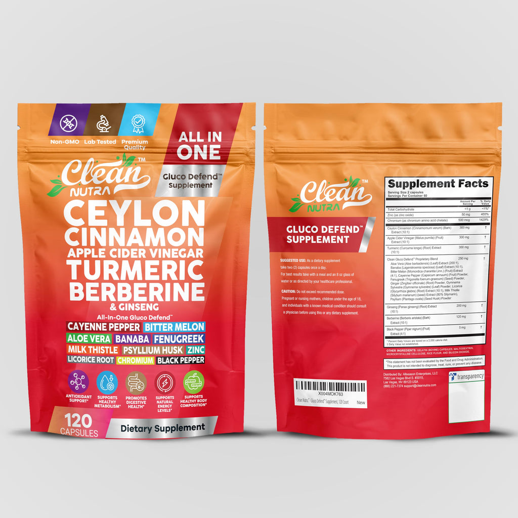 Gluco Defend 120 Capsules – Ceylon Cinnamon, Apple Cider Vinegar, Turmeric, Berberine | Clean Nutra