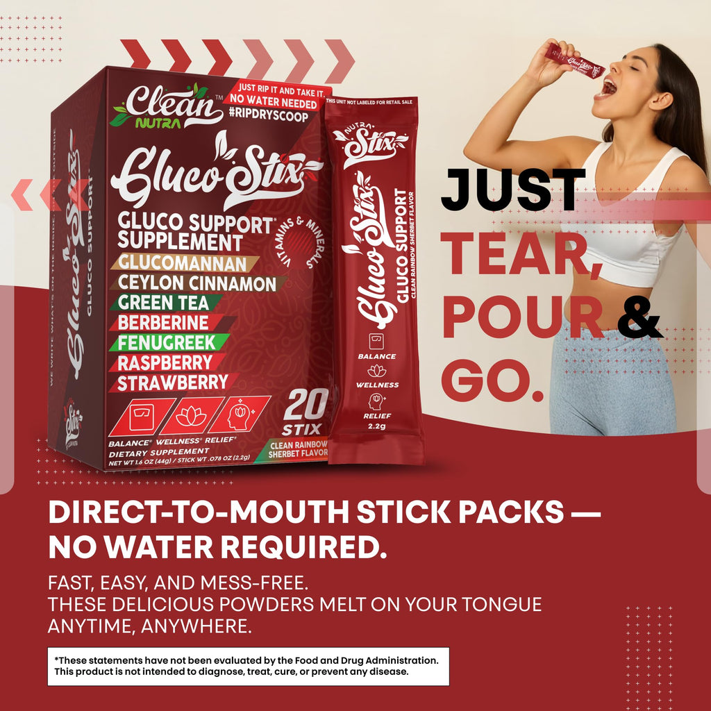Gluco Stix Rainbow Sherbet Powder Sticks – Clean Nutraceuticals Ceylon Cinnamon, Berberine, Glucomannan, Apple Cider Vinegar | 20 Count