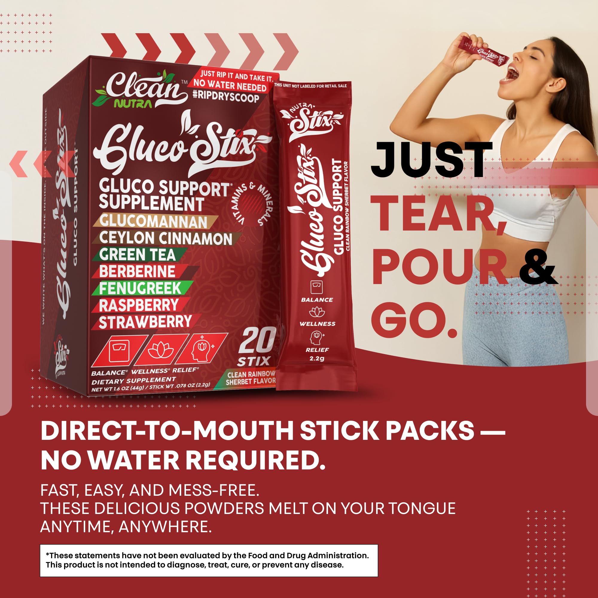 Gluco Stix Rainbow Sherbet Powder Sticks – Clean Nutraceuticals Ceylon Cinnamon, Berberine, Glucomannan, Apple Cider Vinegar | 20 Count