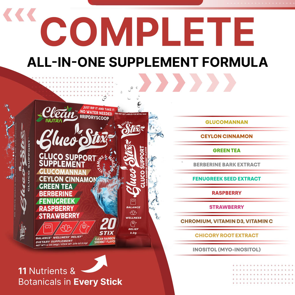 Gluco Stix Rainbow Sherbet Powder Sticks – Clean Nutraceuticals Ceylon Cinnamon, Berberine, Glucomannan, Apple Cider Vinegar | 20 Count