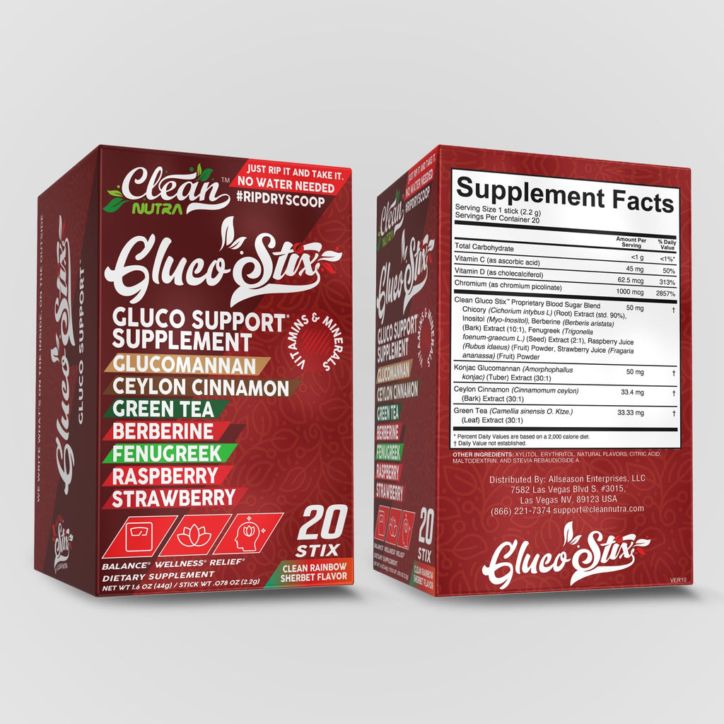 Gluco Stix Rainbow Sherbet Powder Sticks – Clean Nutraceuticals Ceylon Cinnamon, Berberine, Glucomannan, Apple Cider Vinegar | 20 Count