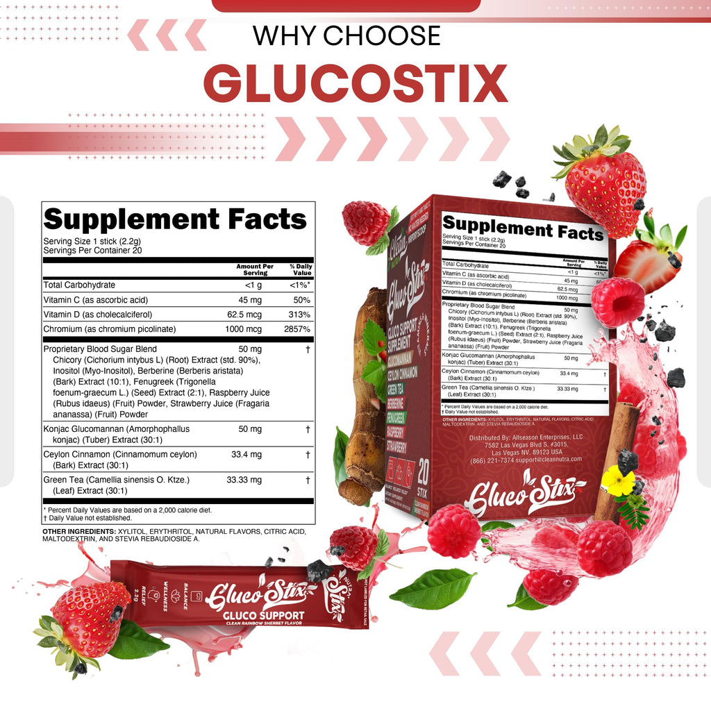 Gluco Stix Rainbow Sherbet Powder Sticks – Clean Nutraceuticals Ceylon Cinnamon, Berberine, Glucomannan, Apple Cider Vinegar | 20 Count