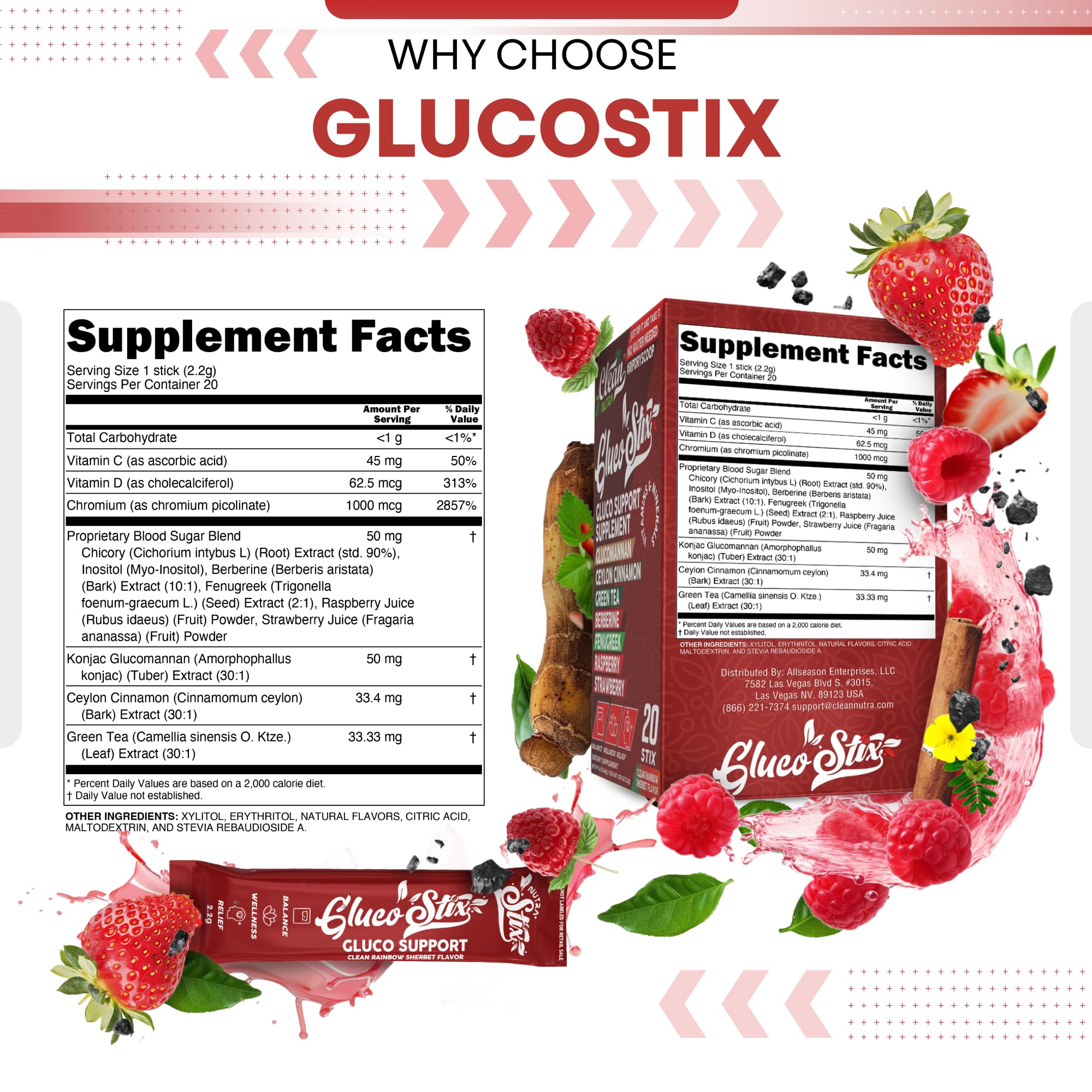 Gluco Stix Rainbow Sherbet Powder Sticks – Clean Nutraceuticals Ceylon Cinnamon, Berberine, Glucomannan, Apple Cider Vinegar | 20 Count