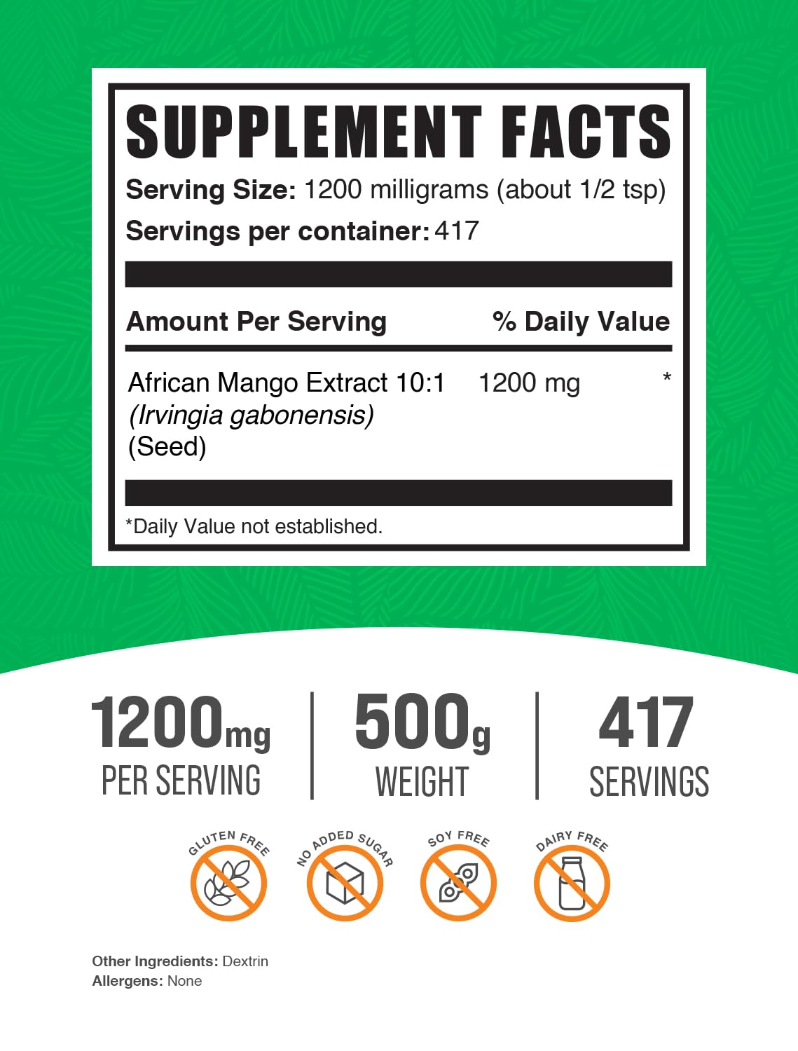 African Mango Extract Powder (Irvingia Gabonensis) - Gluten Free, 500g | BulkSupplements