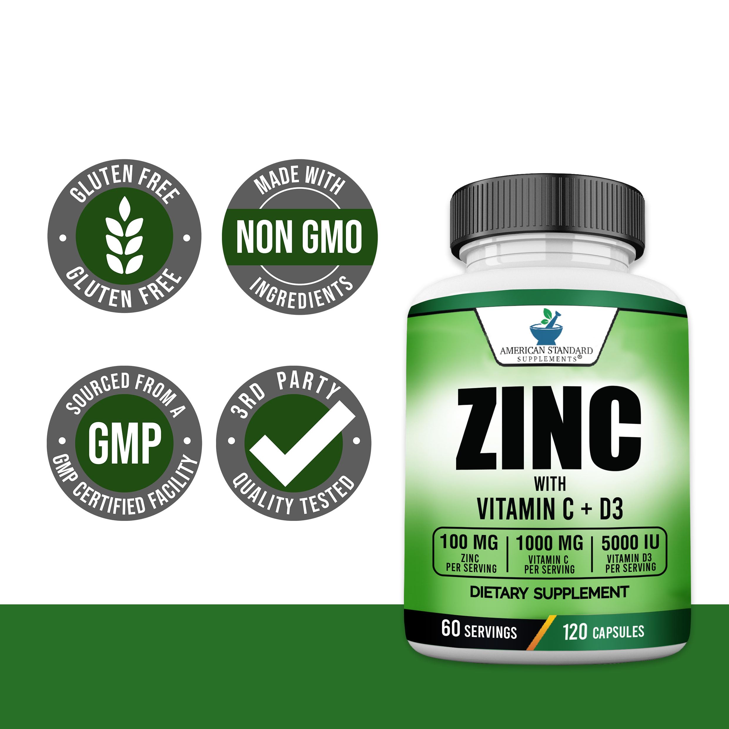 American Standard Zinc 100mg, Vitamin C 1000mg & Vitamin D3 5000 IU – 120 Capsules (Pack of 2)