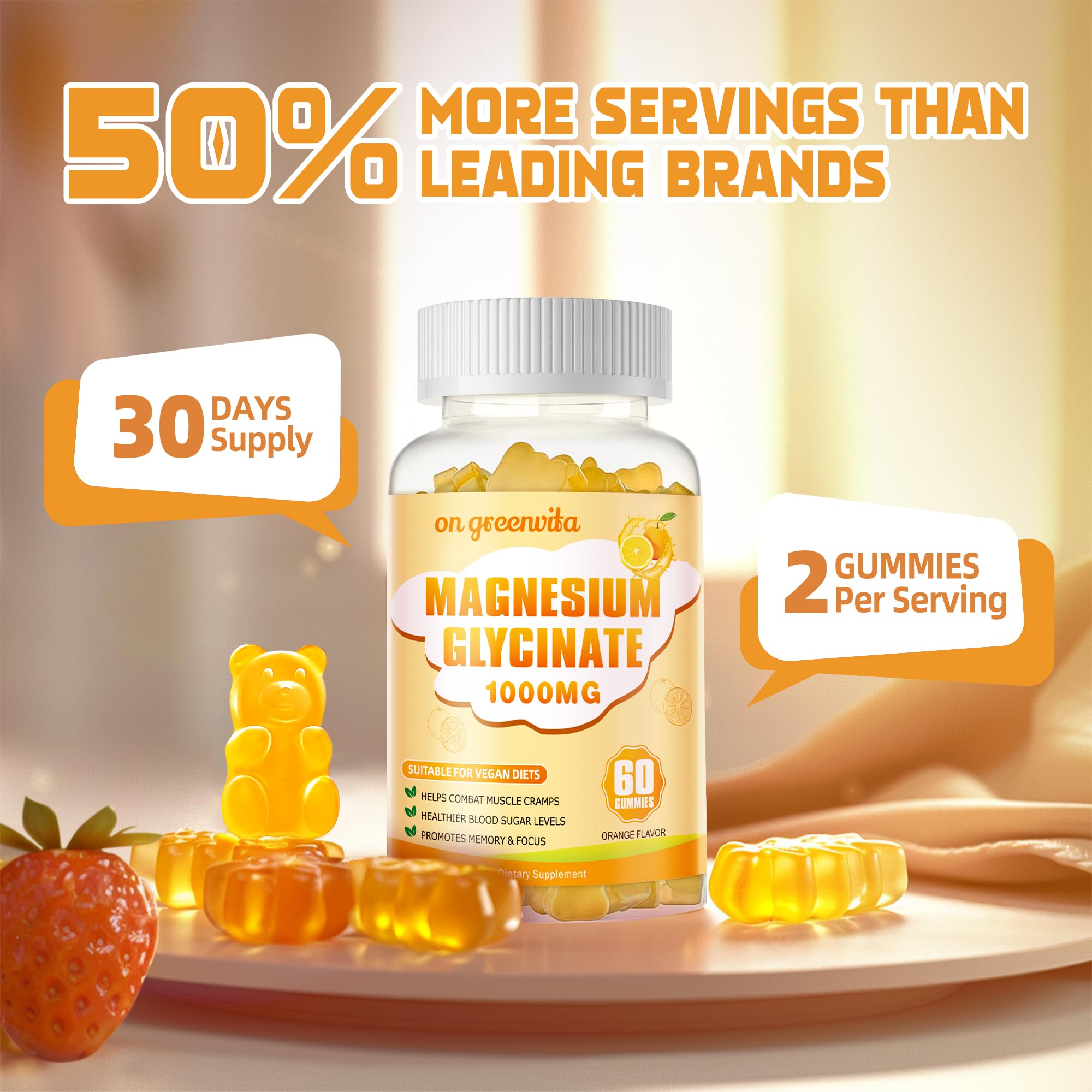 Magnesium Glycinate Gummies 1000mg - Sugar Free Magnesium Potassium Supplement with Vitamin D, B6, CoQ10 for Calm Mood & Sleep Support - 120 Orange Gummies 2 Pack