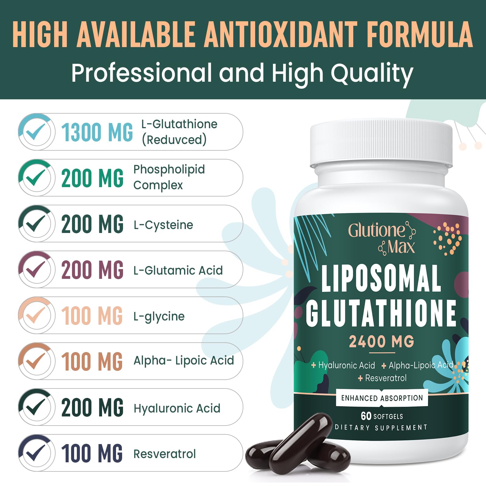 GlutioneMax 8-in-1 Liposomal Glutathione 2400 MG – High-Absorption Antioxidant Formula (240 Softgels)