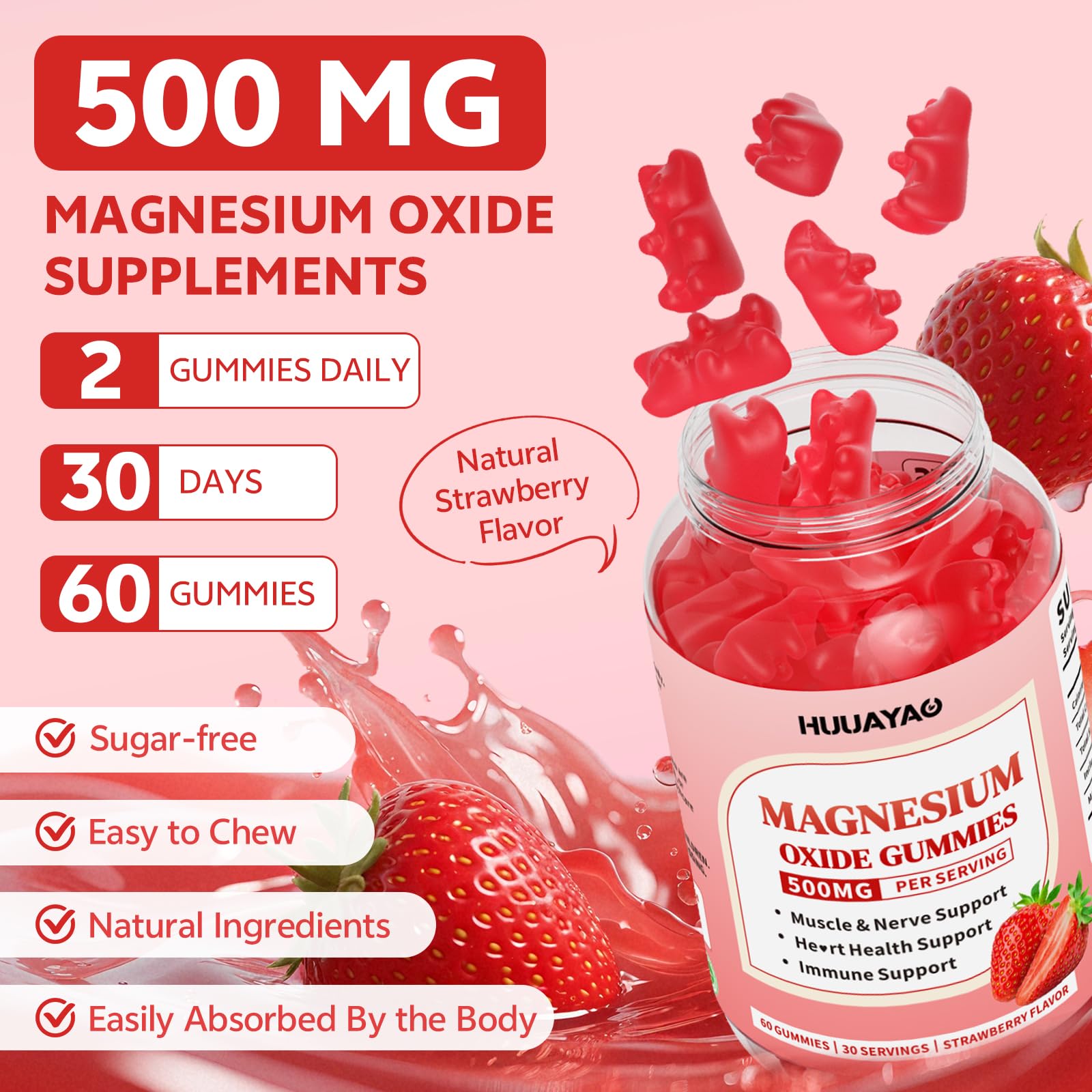 Magnesium Oxide Gummies 500mg – Adults & Kids, Strawberry, 120 Count