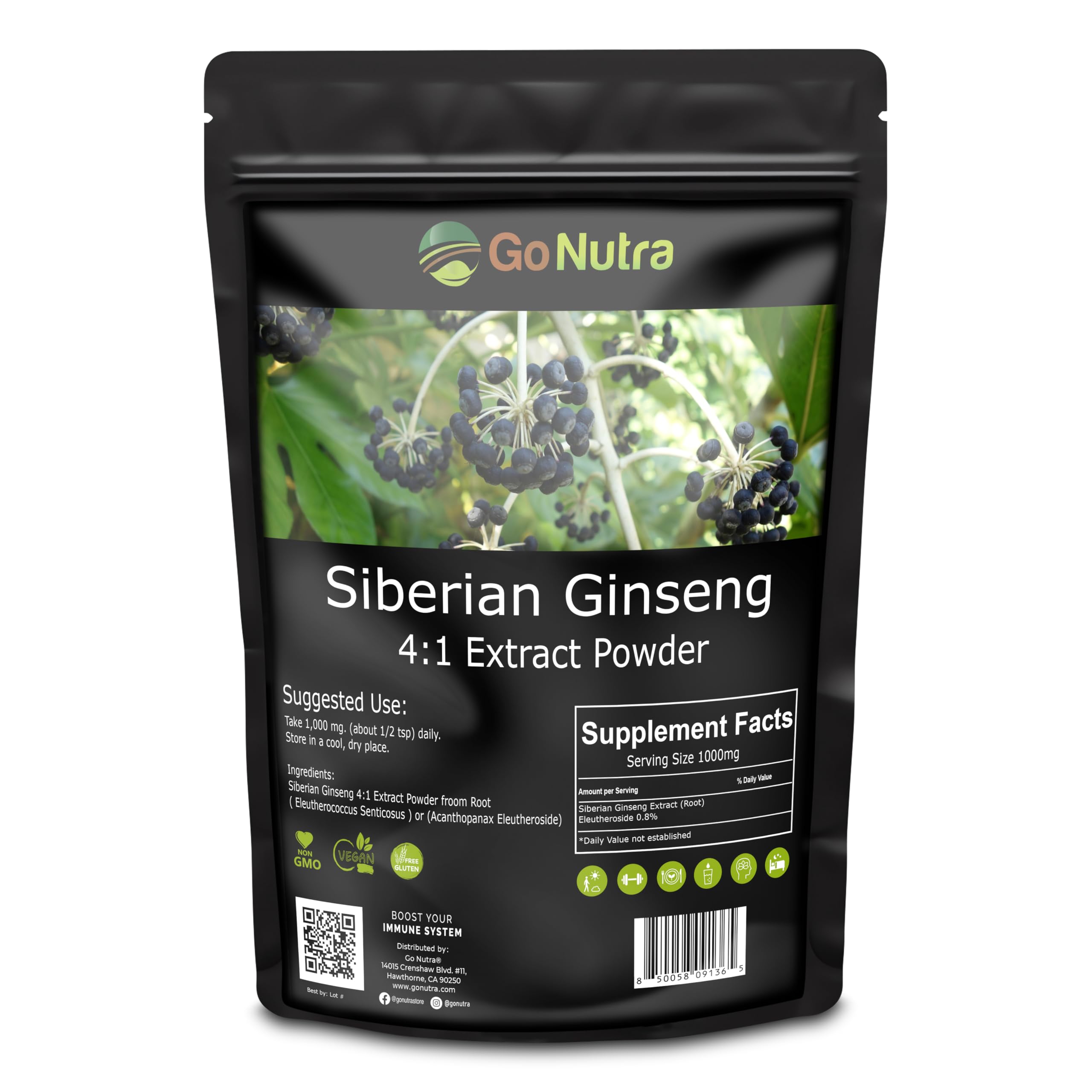 Go Nutra Siberian Ginseng - Eleuthero Root Powder 4:1 Extract, 1lb